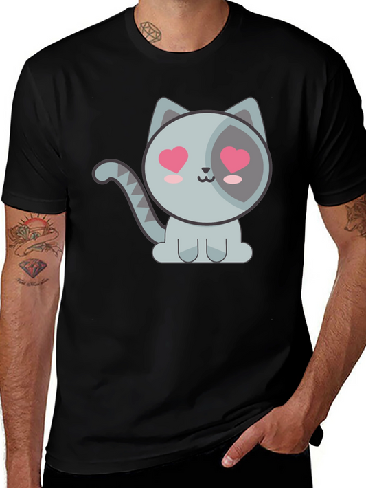 Cute Cat Tee with Heart Eyes - Black Cotton T-Shirt