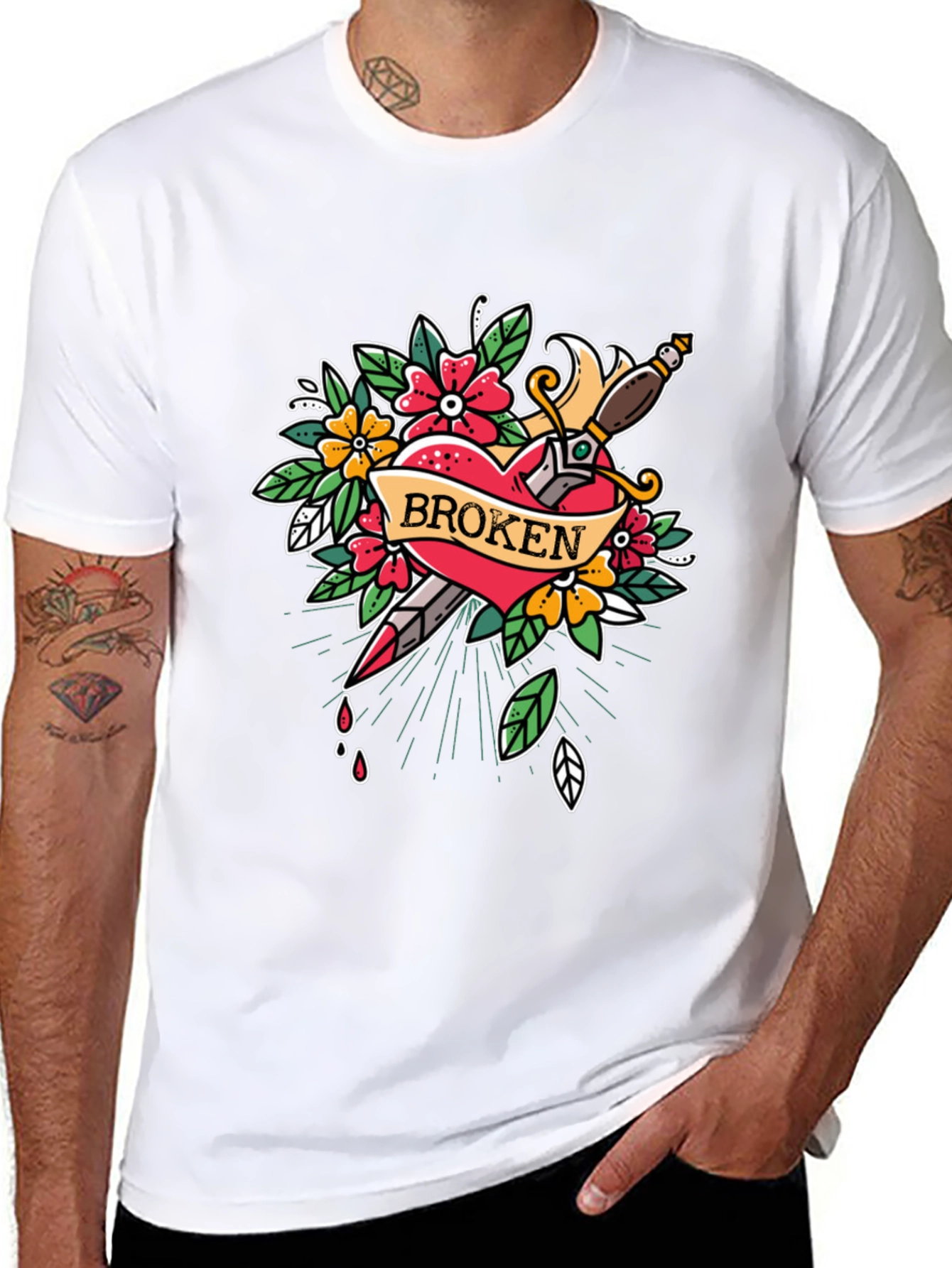 Broken Heart Dagger Graphic Print Black T-Shirt