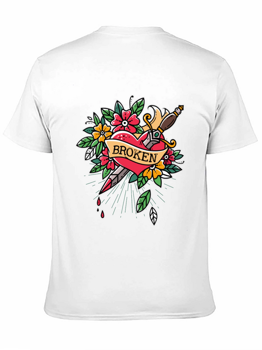 Broken Heart Dagger Graphic Print Black T-Shirt