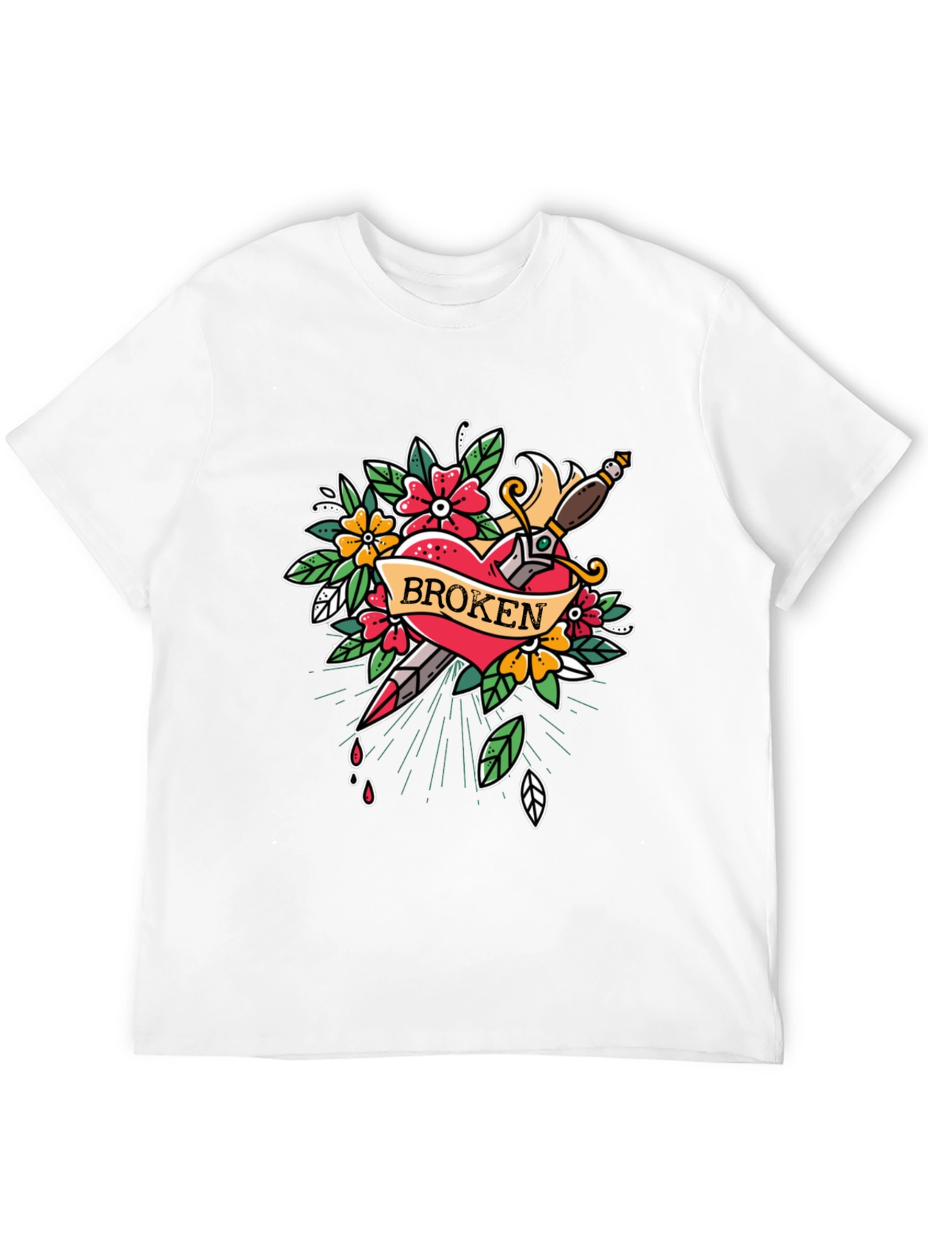 Broken Heart Dagger Graphic Print Black T-Shirt