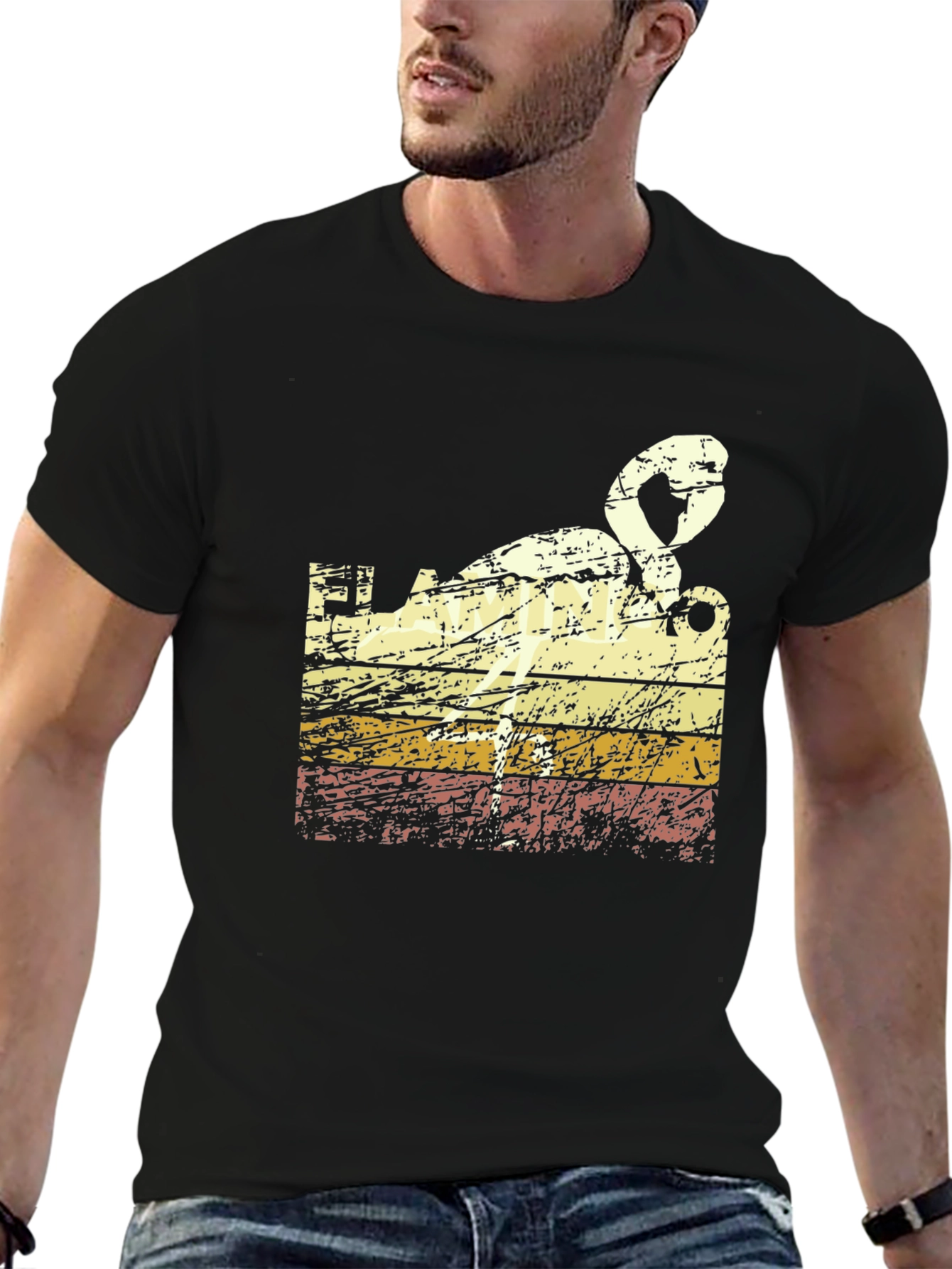 Retro Flamingo T-Shirt - Black Crew Neck