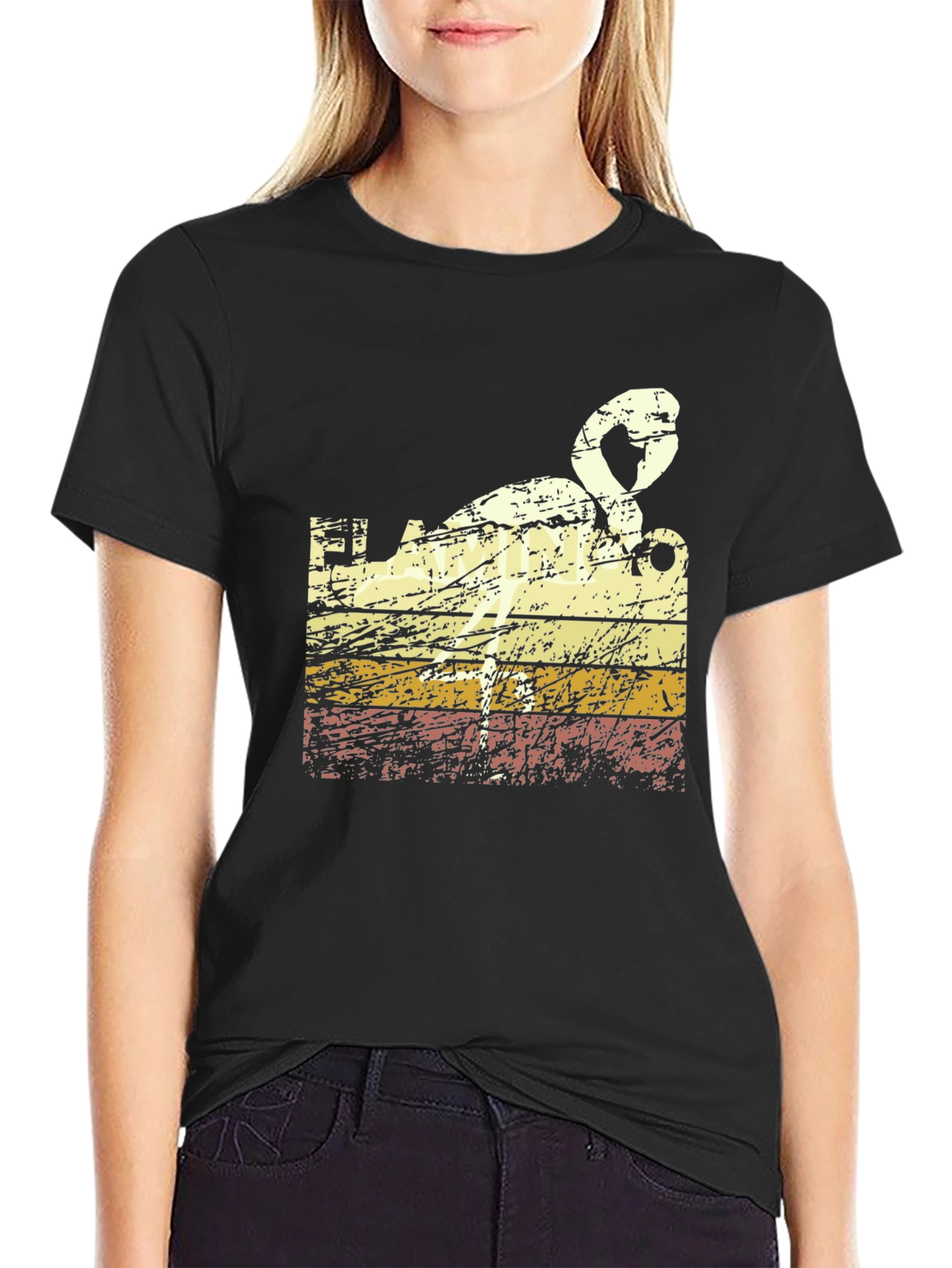 Retro Flamingo T-Shirt - Black Crew Neck