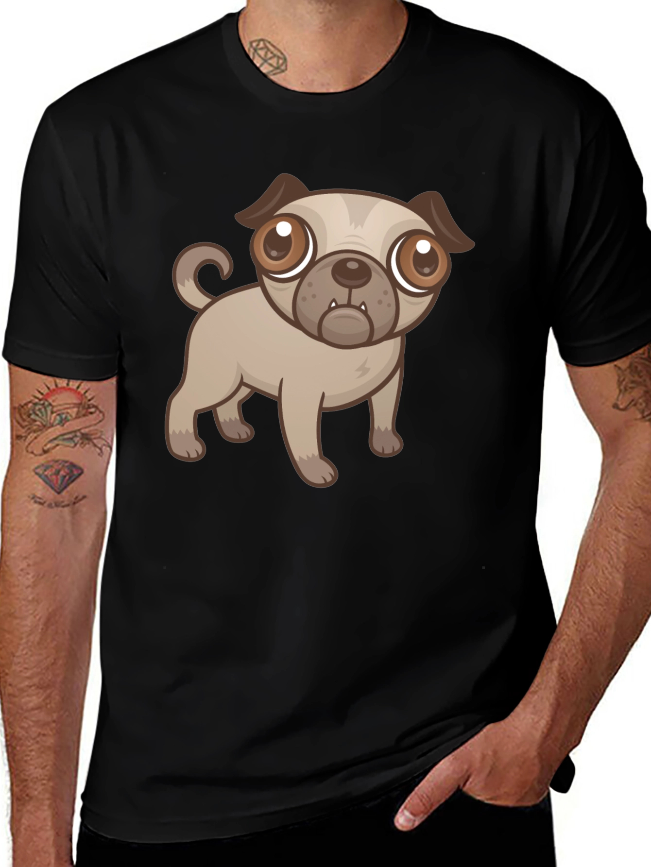 Cute Cartoon Pug Dog Black T-Shirt