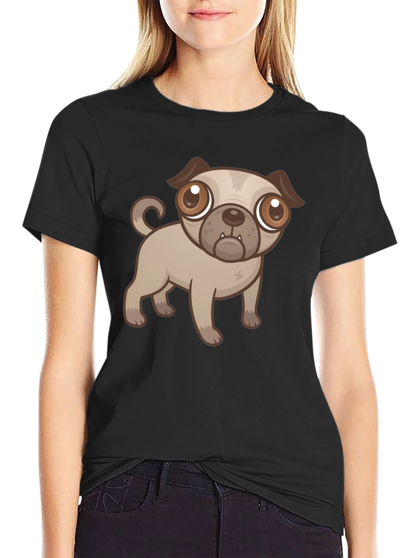 Cute Cartoon Pug Dog Black T-Shirt
