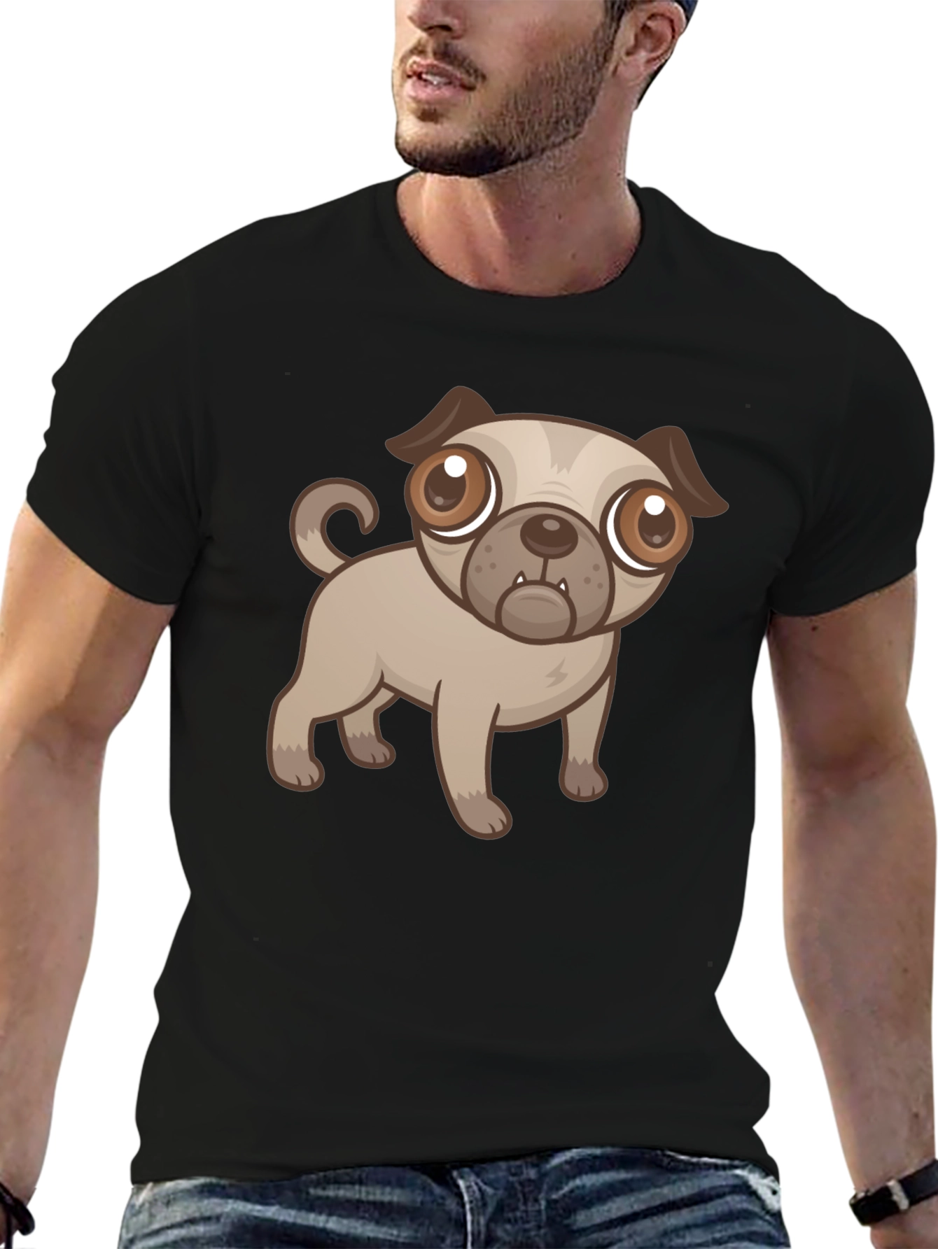Cute Cartoon Pug Dog Black T-Shirt