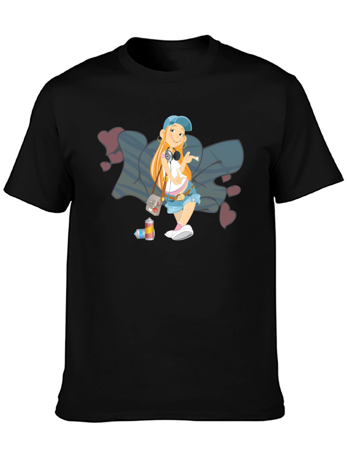 Cartoon Girl Graffiti Art Black T-Shirt
