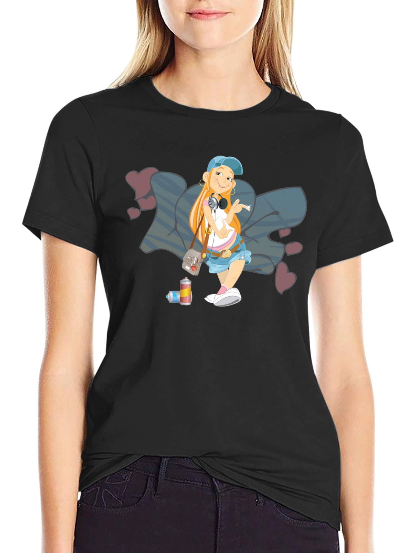 Cartoon Girl Graffiti Art Black T-Shirt