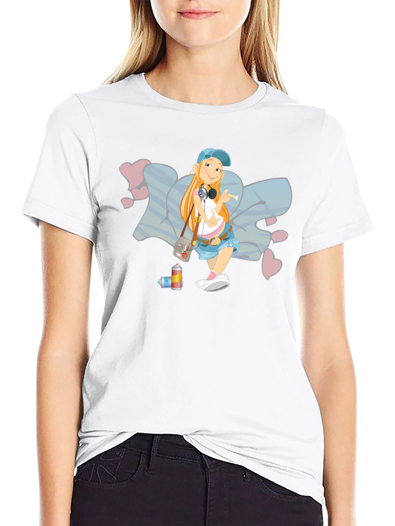 Cartoon Girl Graffiti Art Black T-Shirt