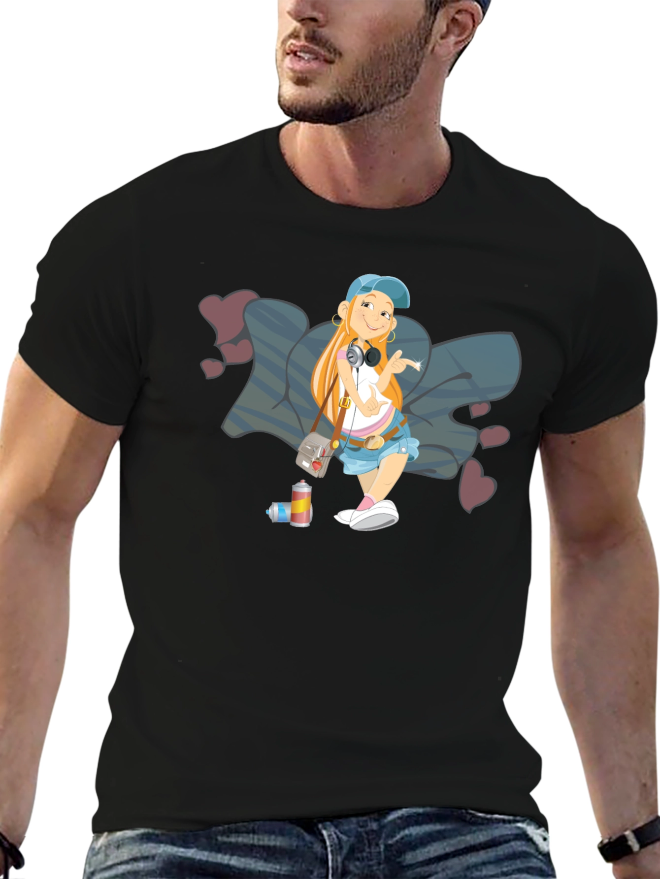Cartoon Girl Graffiti Art Black T-Shirt