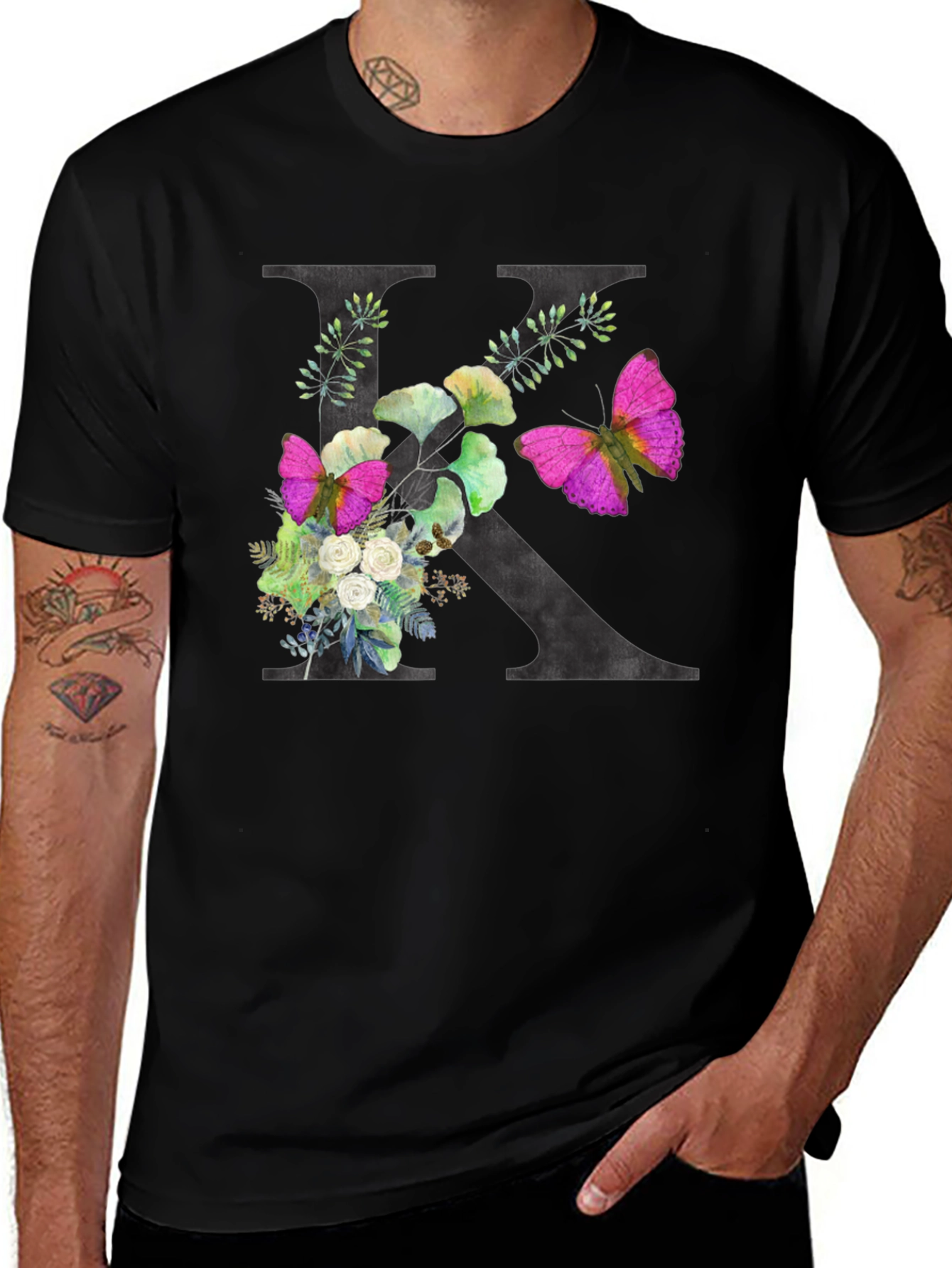 Floral K Initial Black T-Shirt