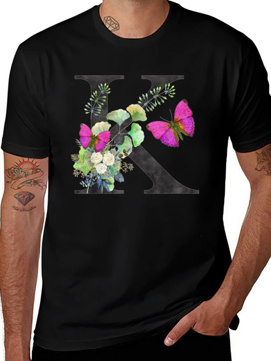 Floral K Initial Black T-Shirt