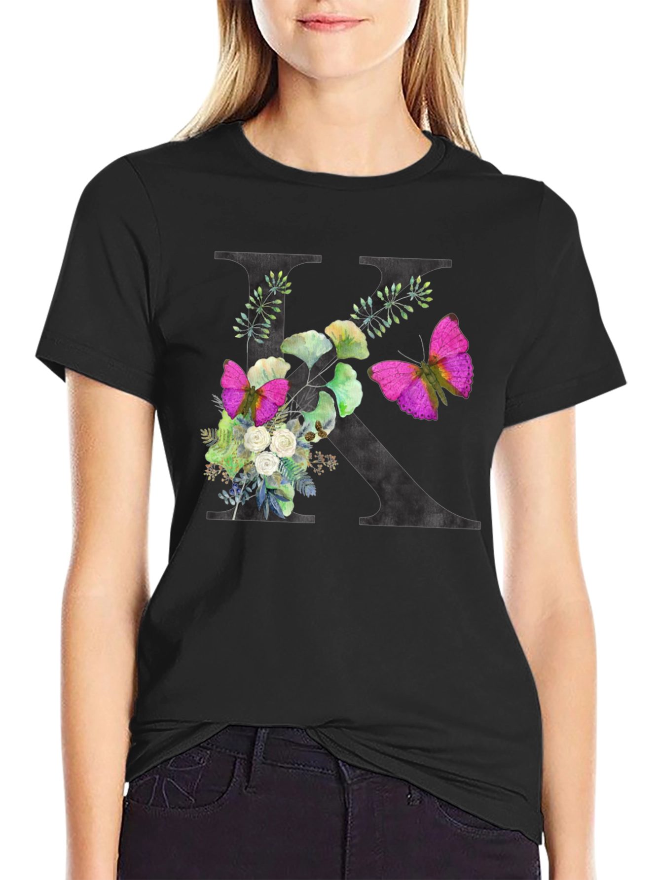 Floral K Initial Black T-Shirt