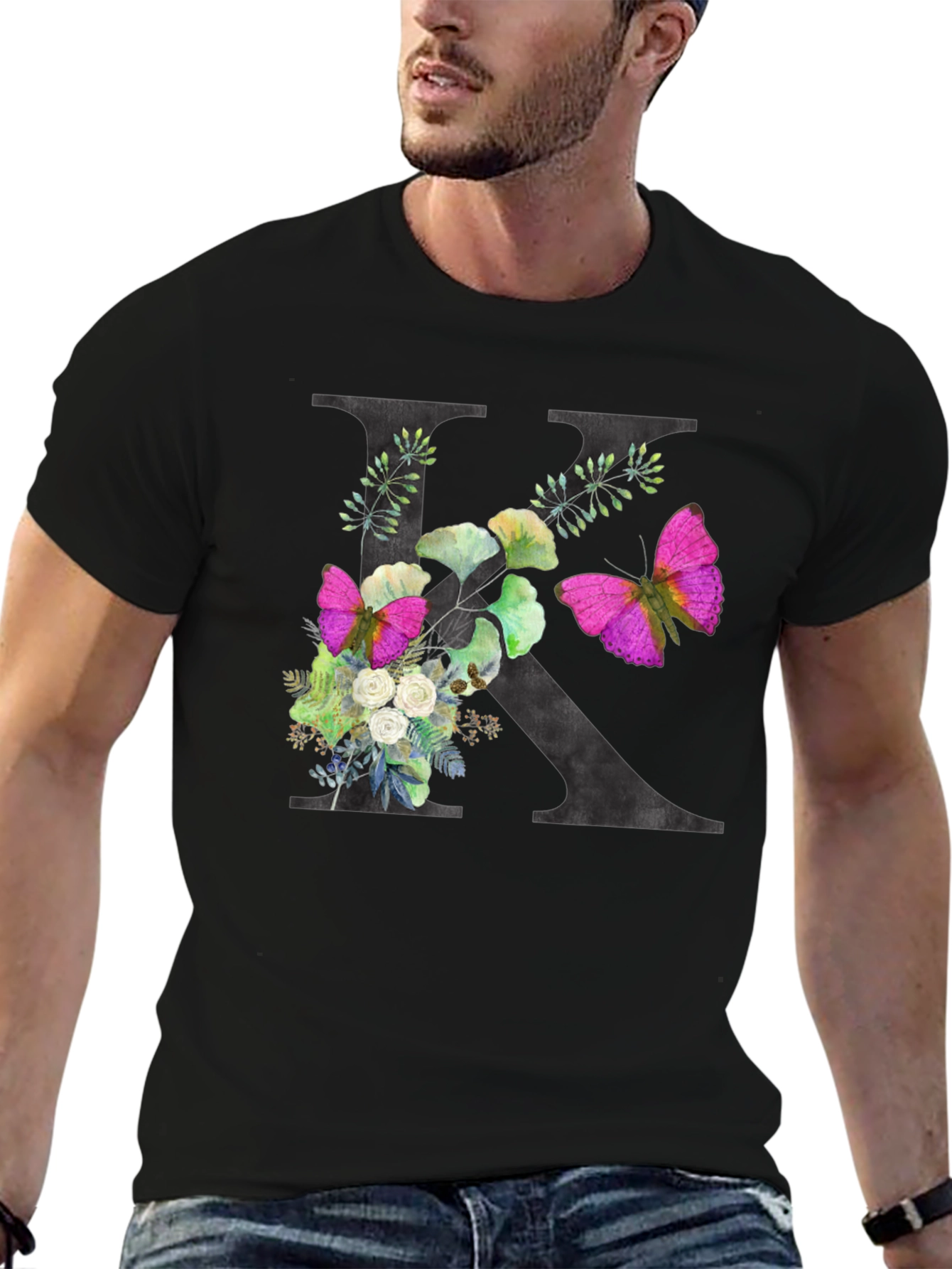 Floral K Initial Black T-Shirt