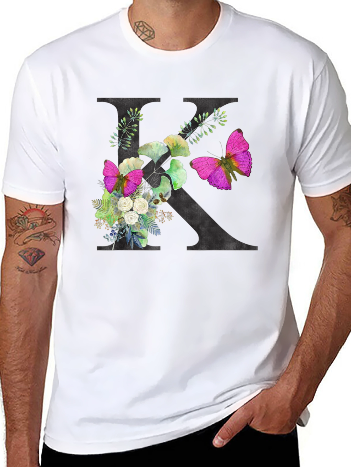 Floral K Initial Black T-Shirt