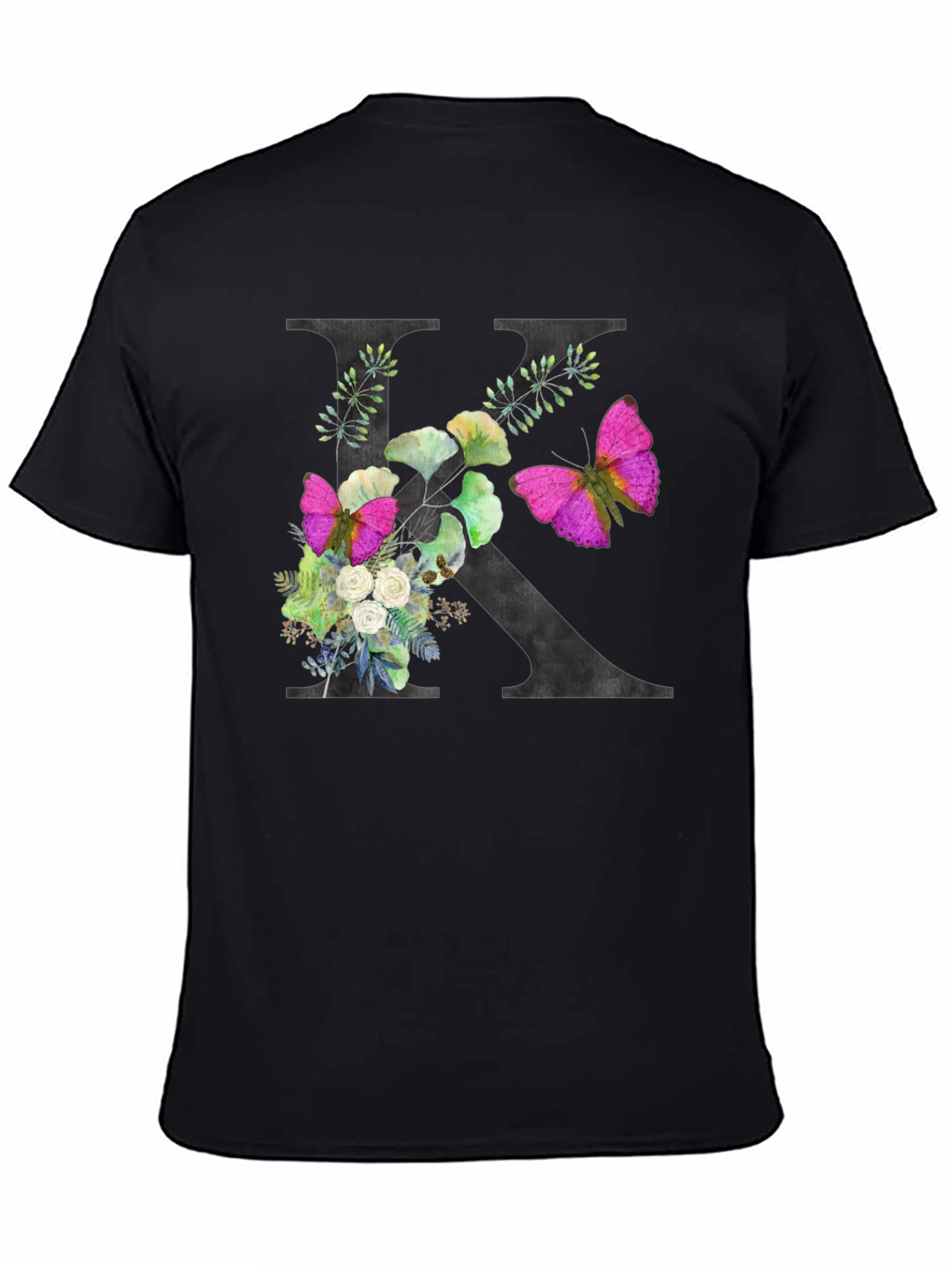 Floral K Initial Black T-Shirt