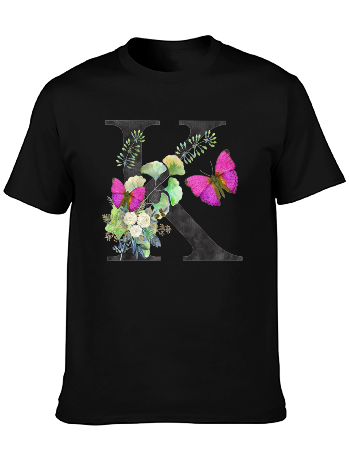 Floral K Initial Black T-Shirt