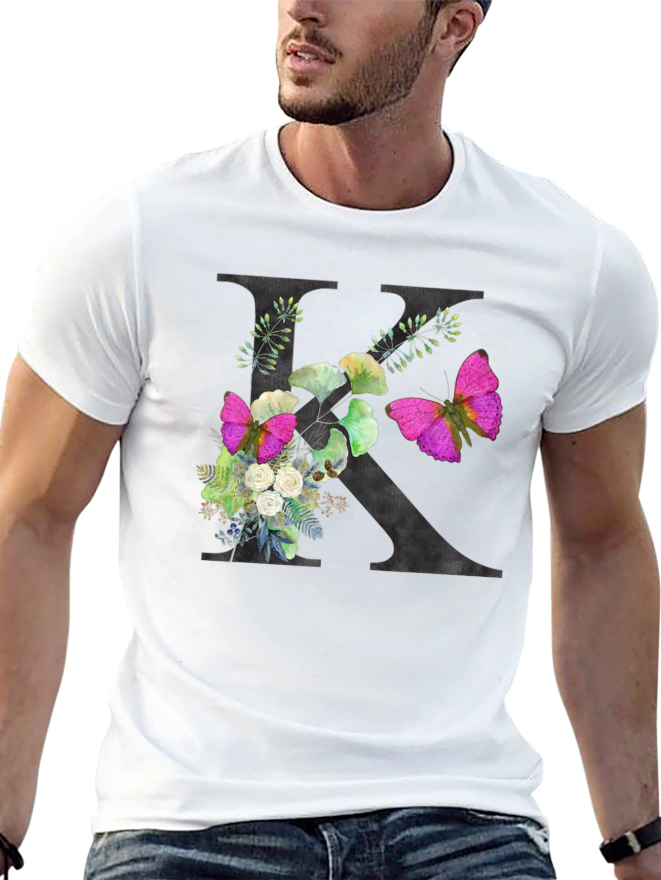 Floral K Initial Black T-Shirt