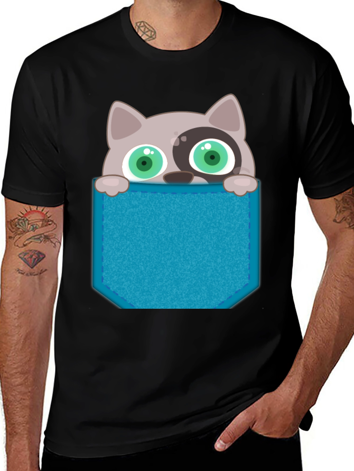 Cartoon Cat Pocket T-Shirt - Novelty Graphic Tee