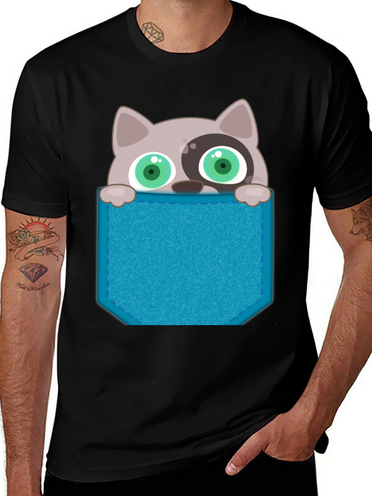 Cartoon Cat Pocket T-Shirt - Novelty Graphic Tee