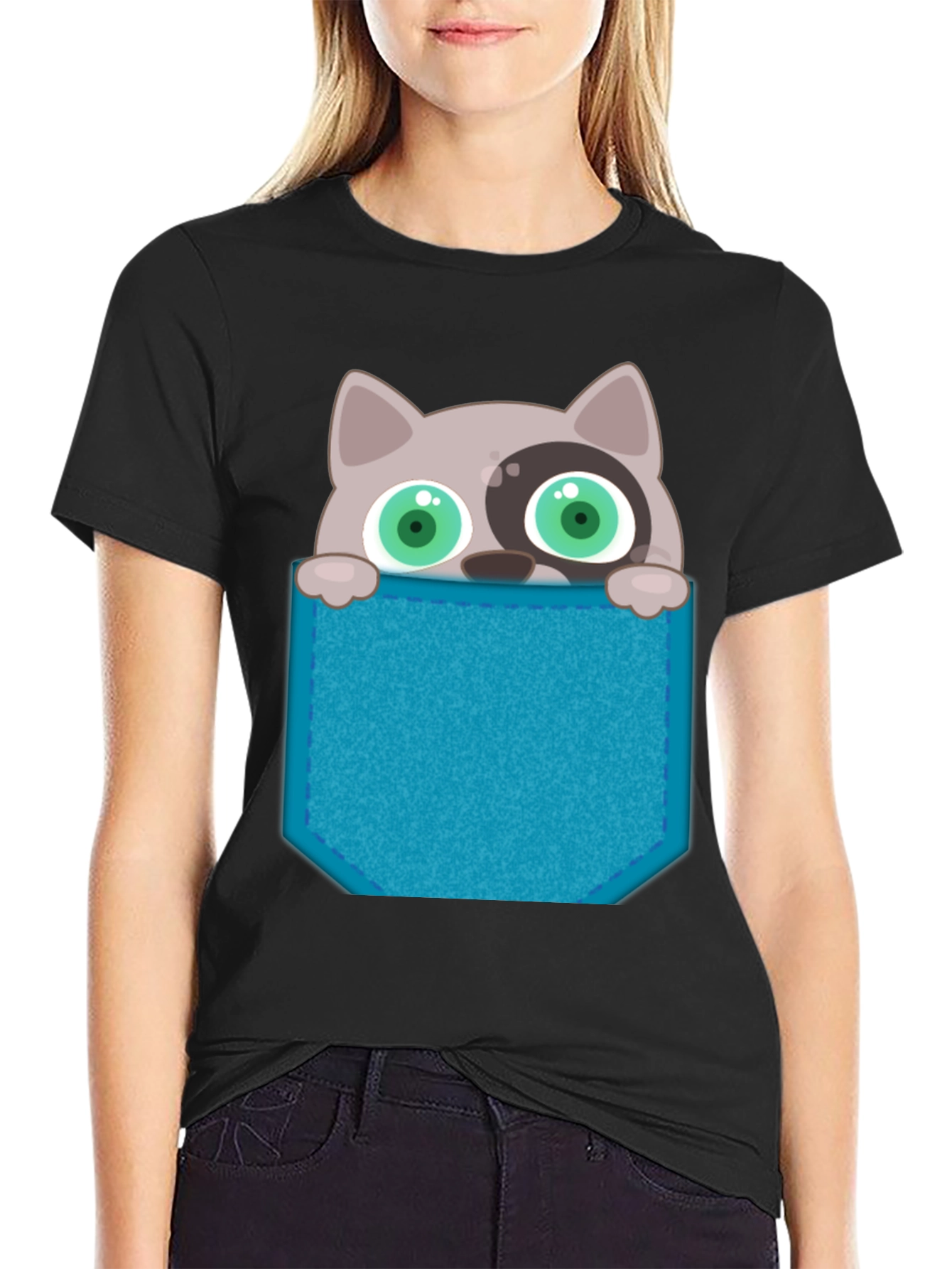 Cartoon Cat Pocket T-Shirt - Novelty Graphic Tee