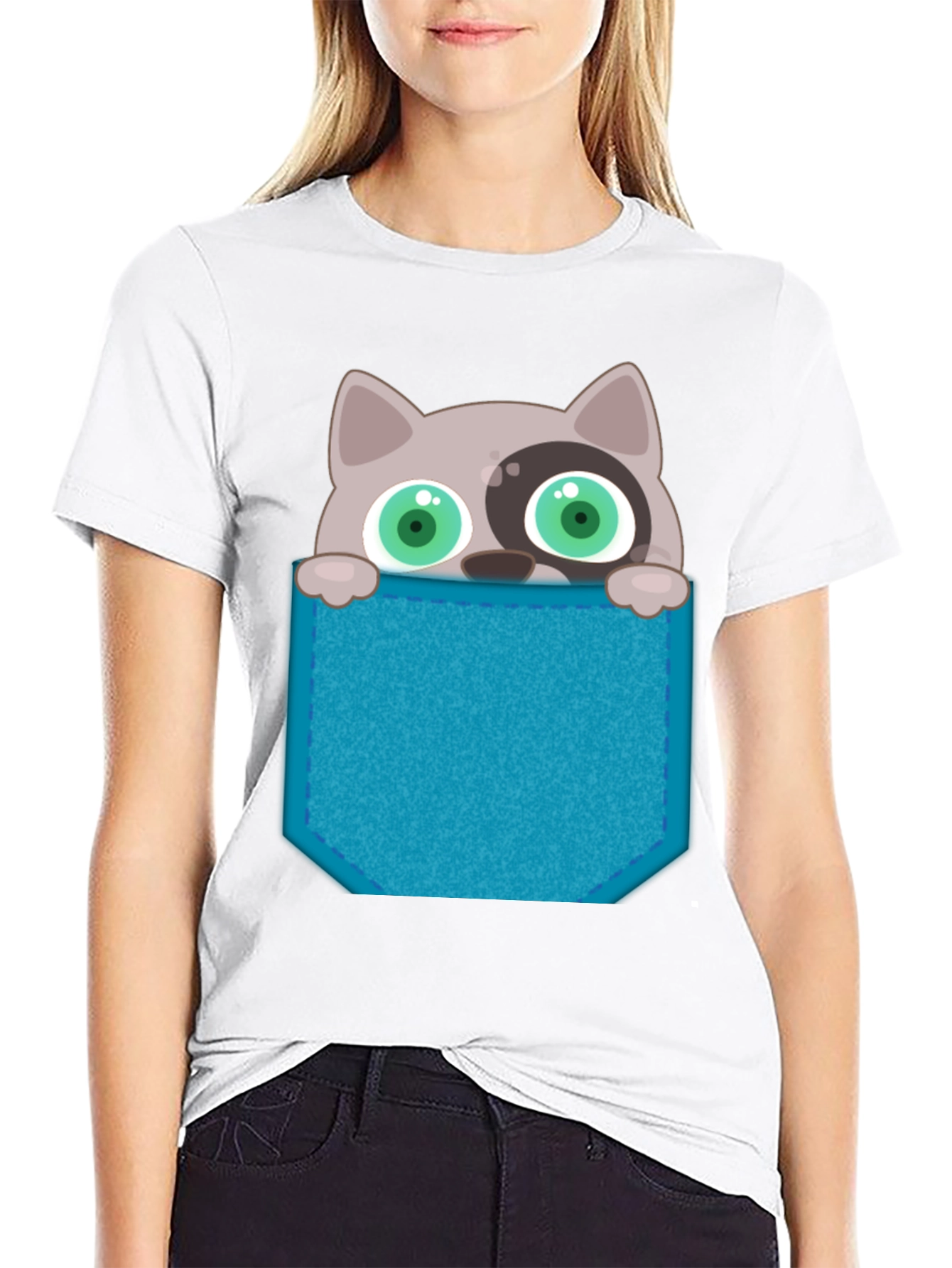 Cartoon Cat Pocket T-Shirt - Novelty Graphic Tee
