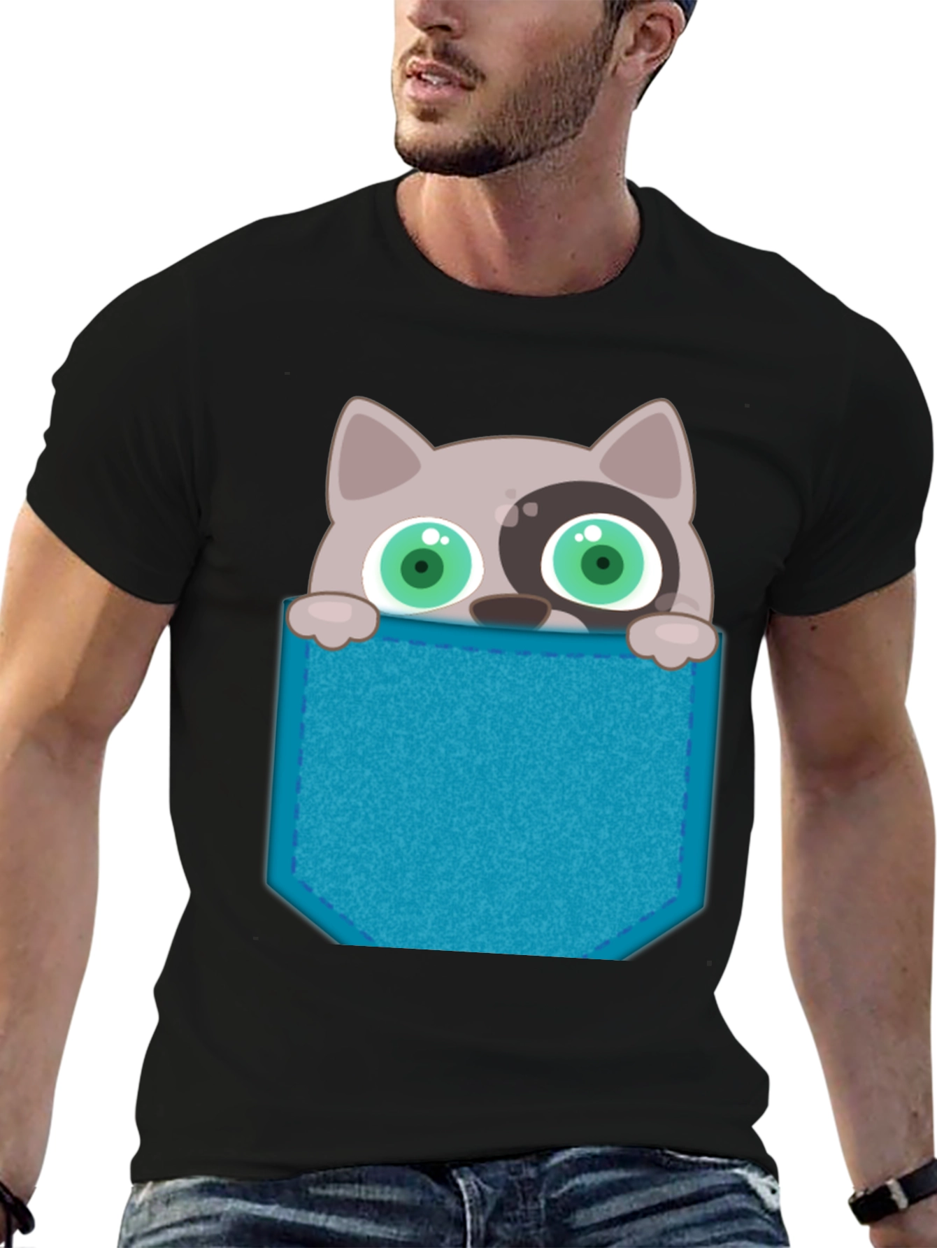 Cartoon Cat Pocket T-Shirt - Novelty Graphic Tee
