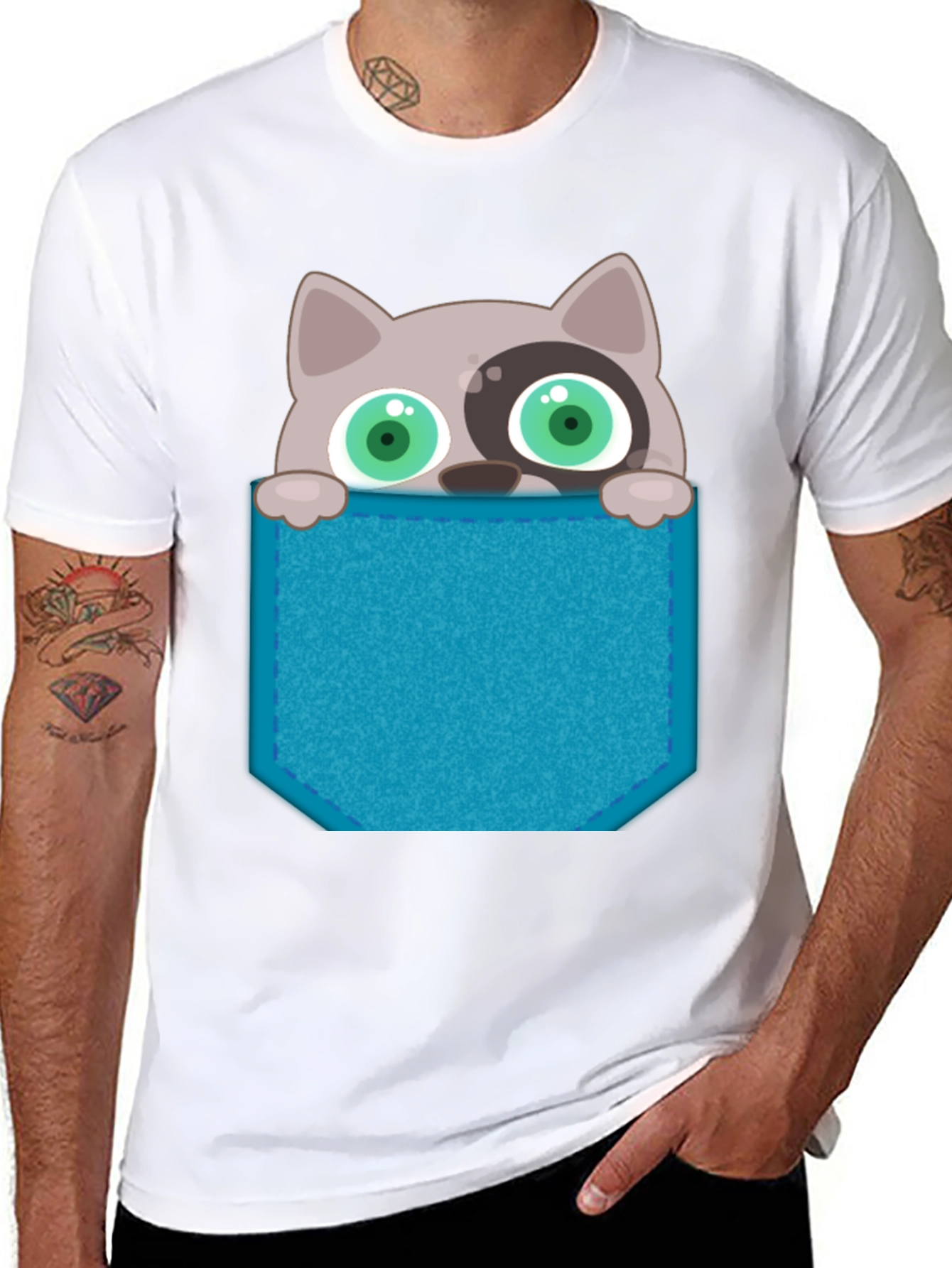 Cartoon Cat Pocket T-Shirt - Novelty Graphic Tee