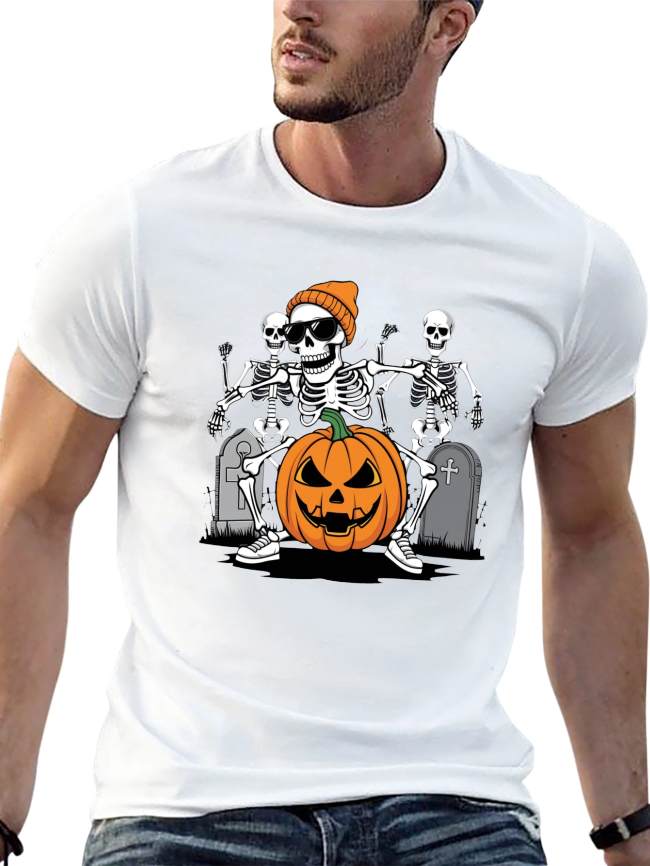 Halloween Skeleton Pumpkin Graphic Tee