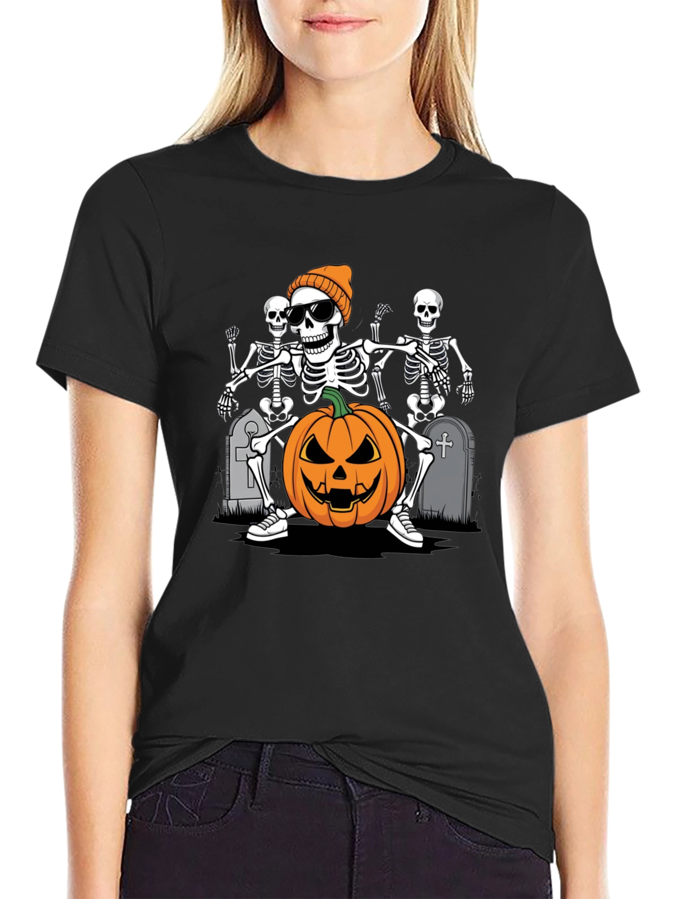 Halloween Skeleton Pumpkin Graphic Tee