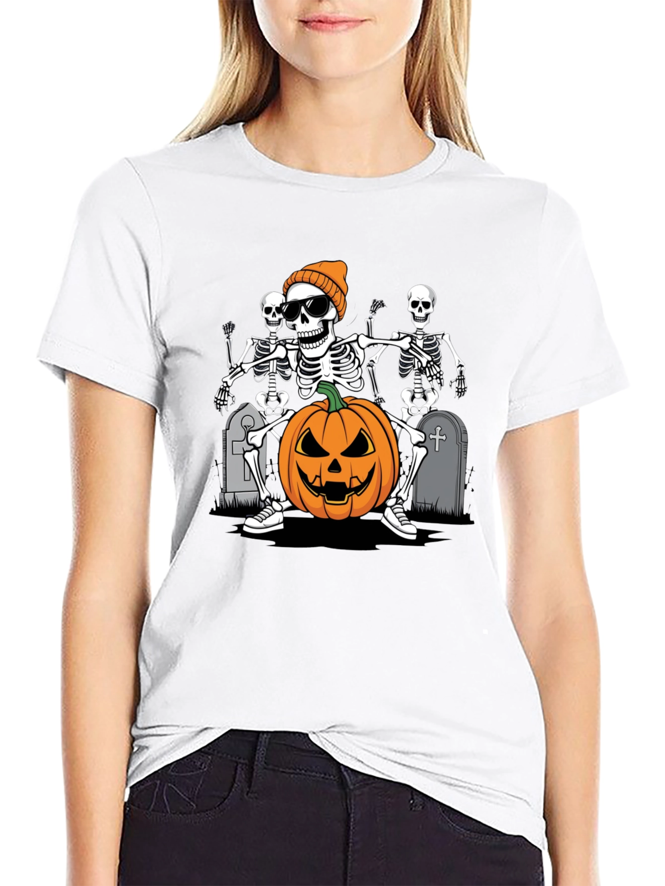 Halloween Skeleton Pumpkin Graphic Tee