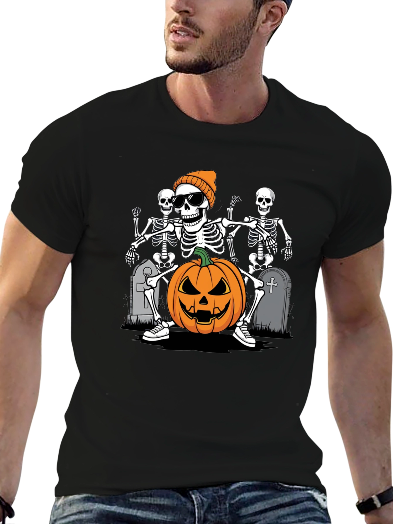 Halloween Skeleton Pumpkin Graphic Tee