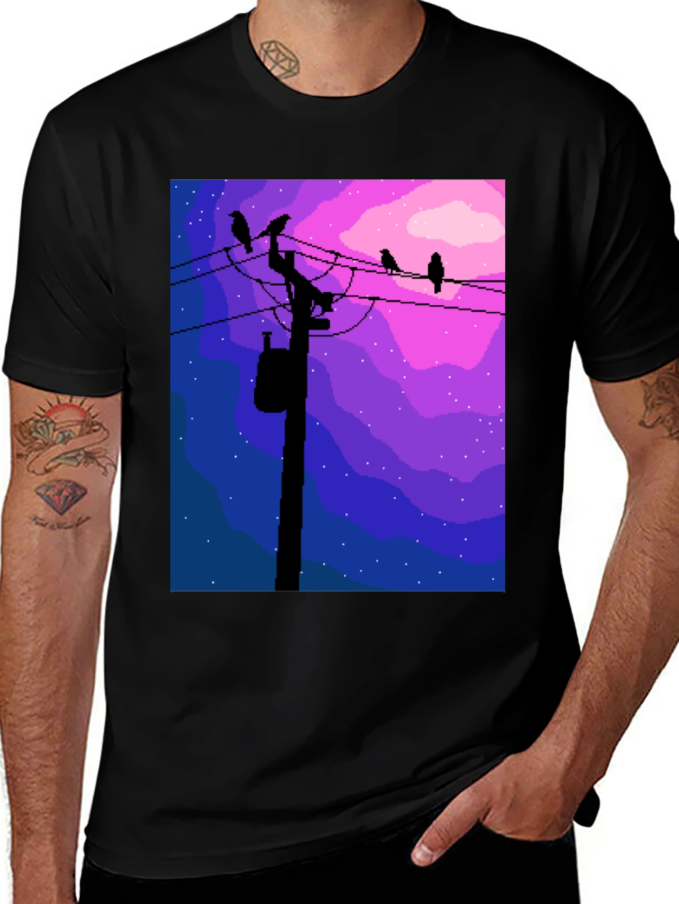 Pixel Art Birds on a Wire Graphic Tee