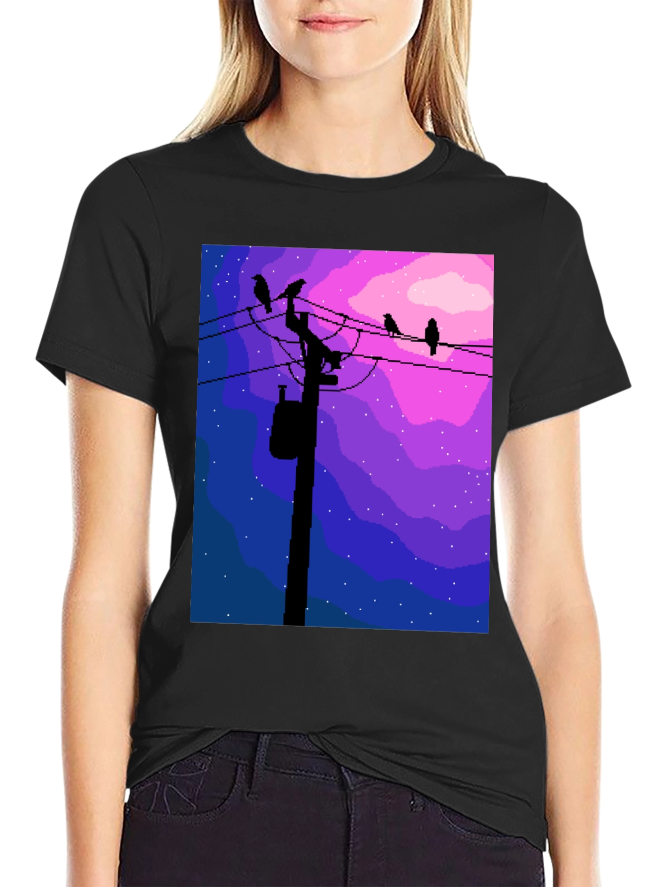 Pixel Art Birds on a Wire Graphic Tee