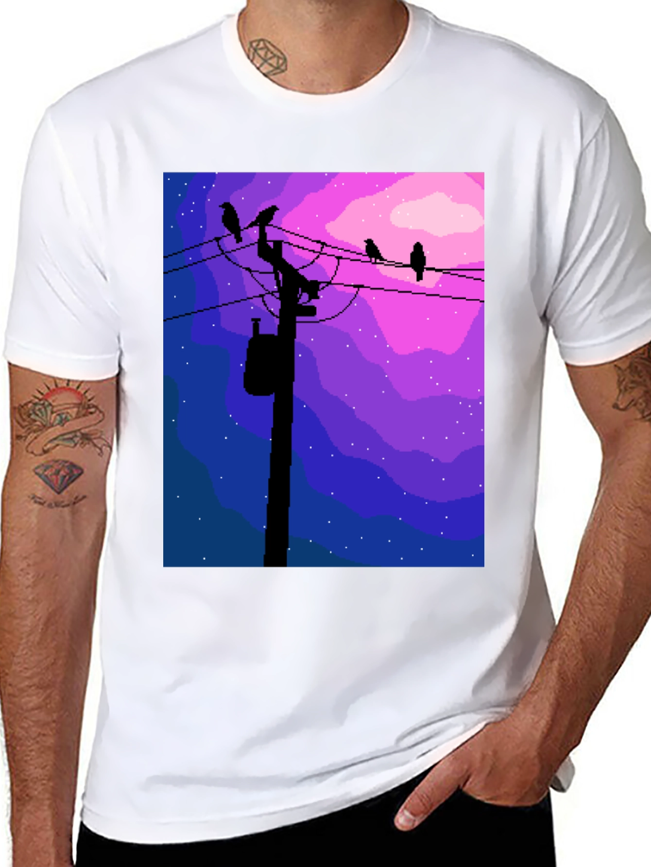 Pixel Art Birds on a Wire Graphic Tee