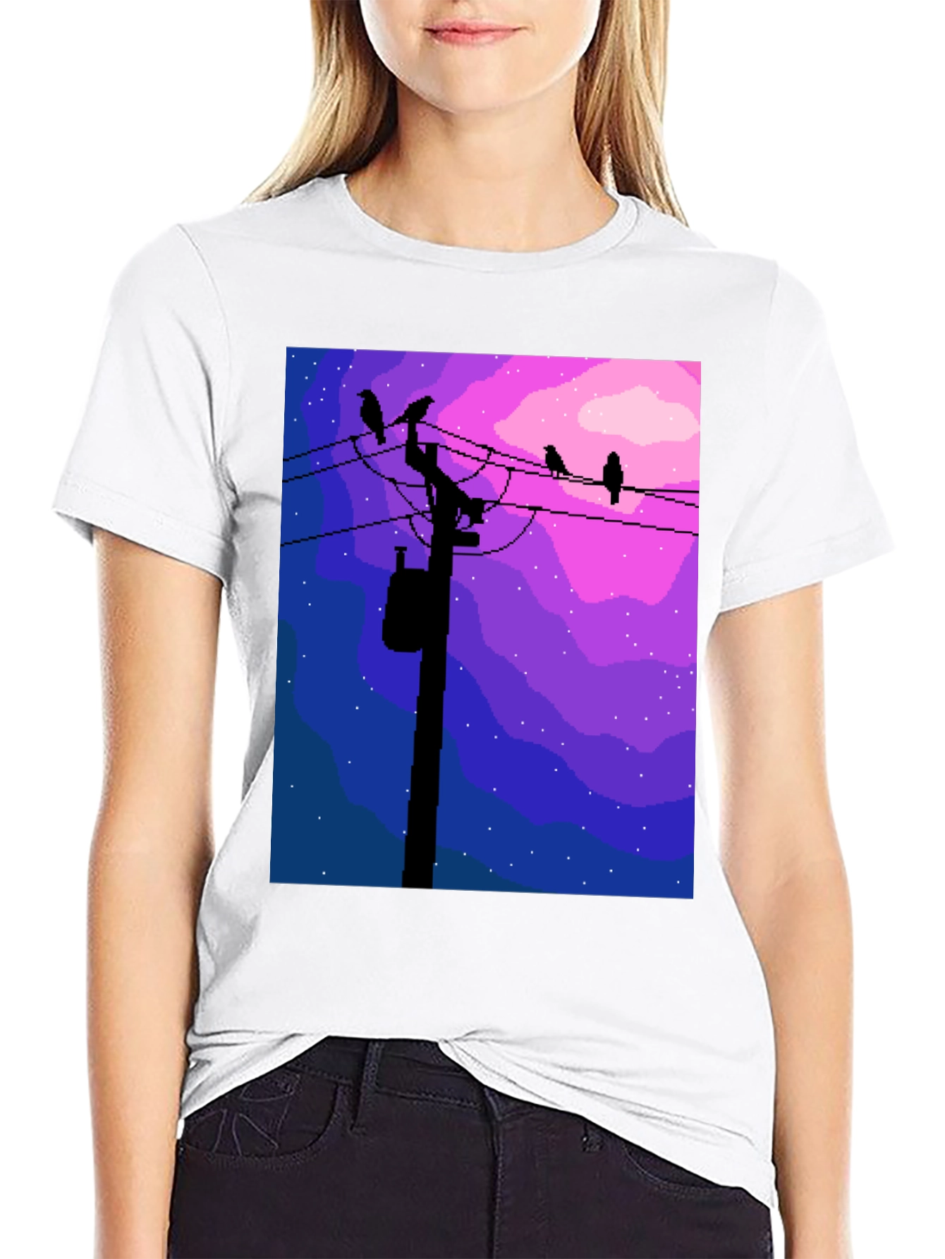 Pixel Art Birds on a Wire Graphic Tee