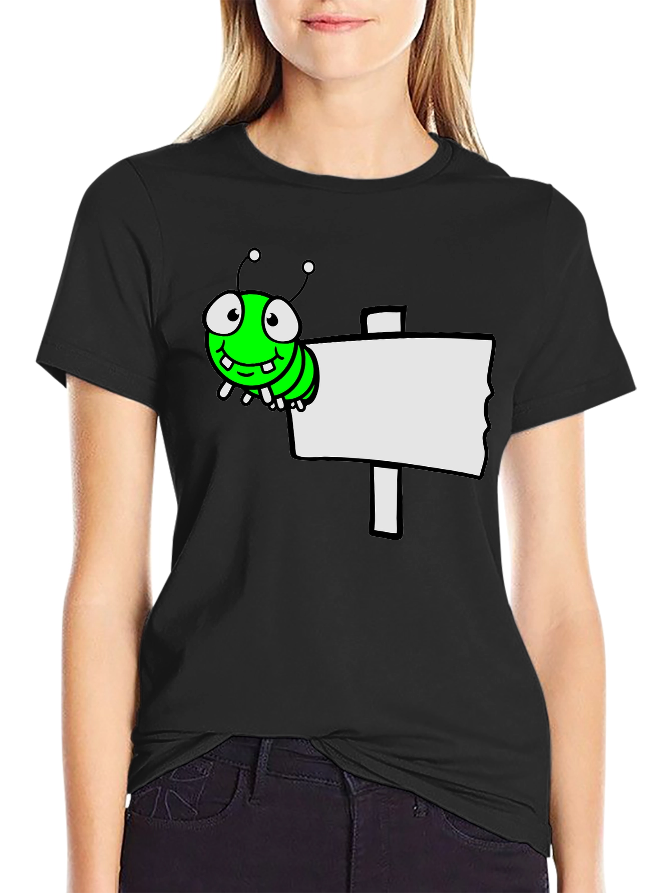 Cartoon Worm on Sign Graphic Tee - Black