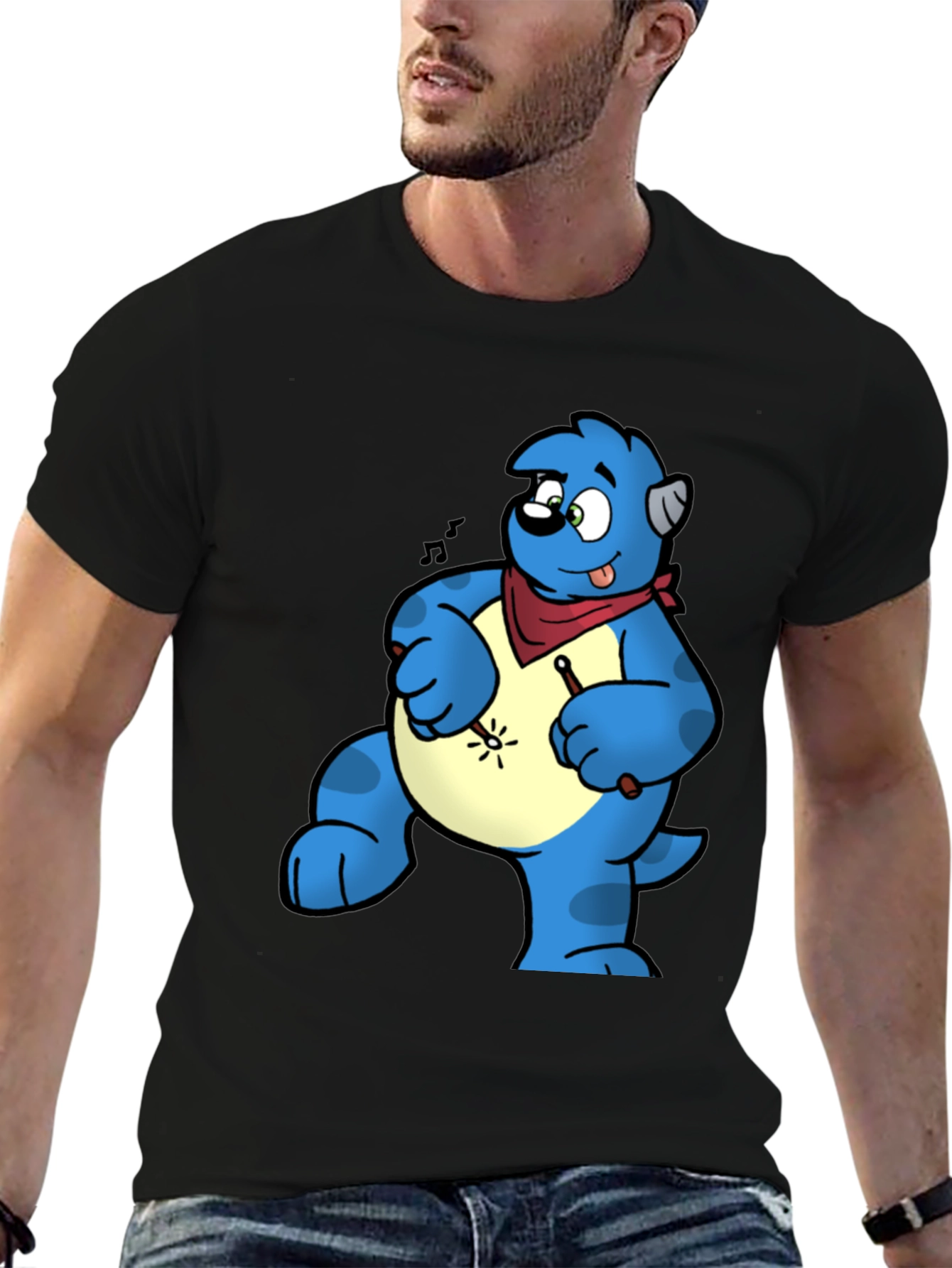 Blue Cartoon Character Drummer Graphic T-Shirt