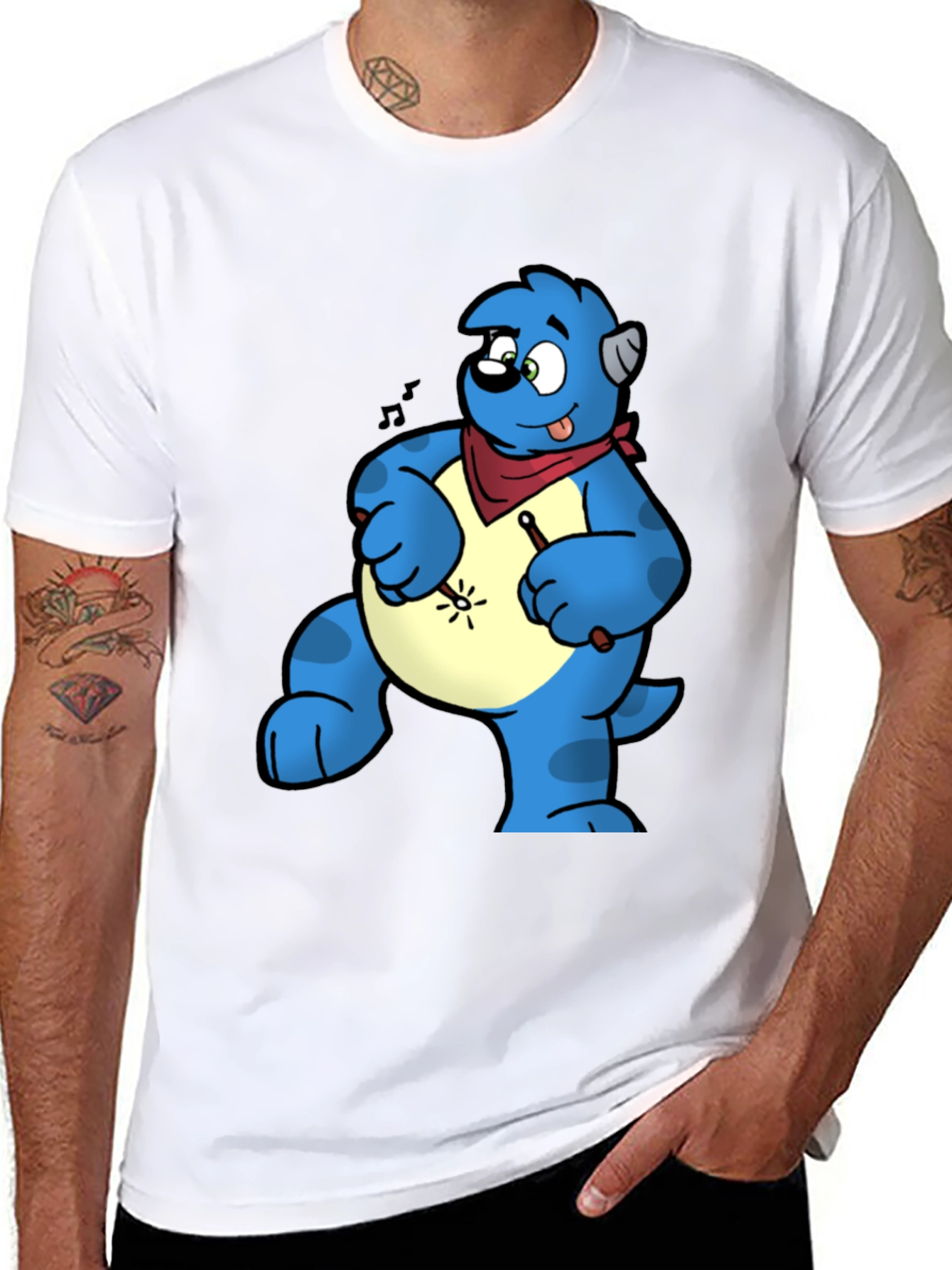 Blue Cartoon Character Drummer Graphic T-Shirt
