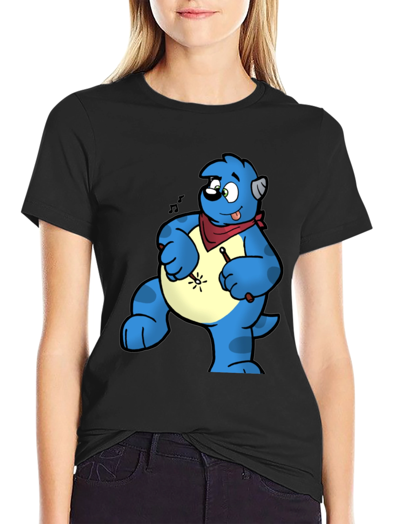 Blue Cartoon Character Drummer Graphic T-Shirt