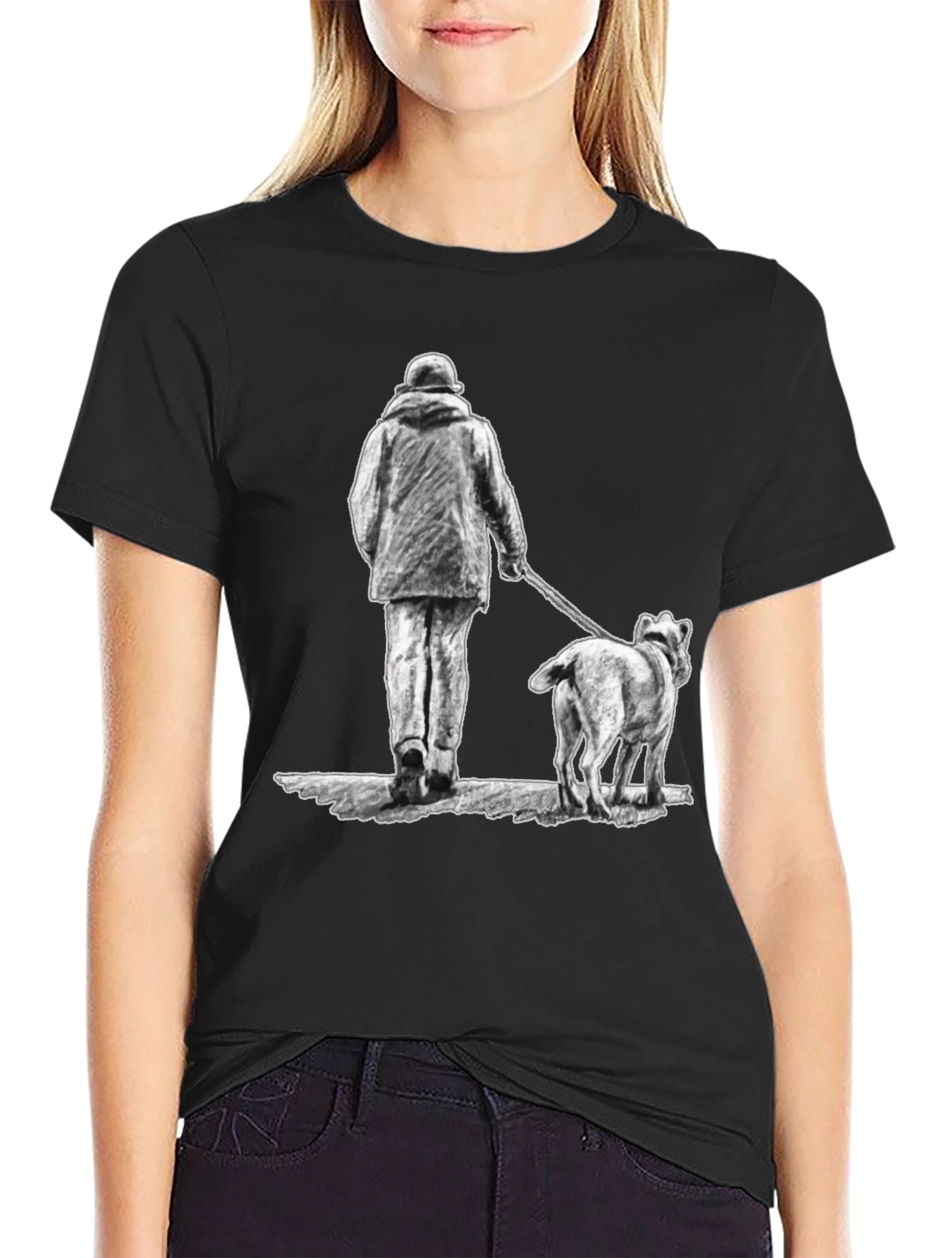Man and Dog Print Black T-Shirt