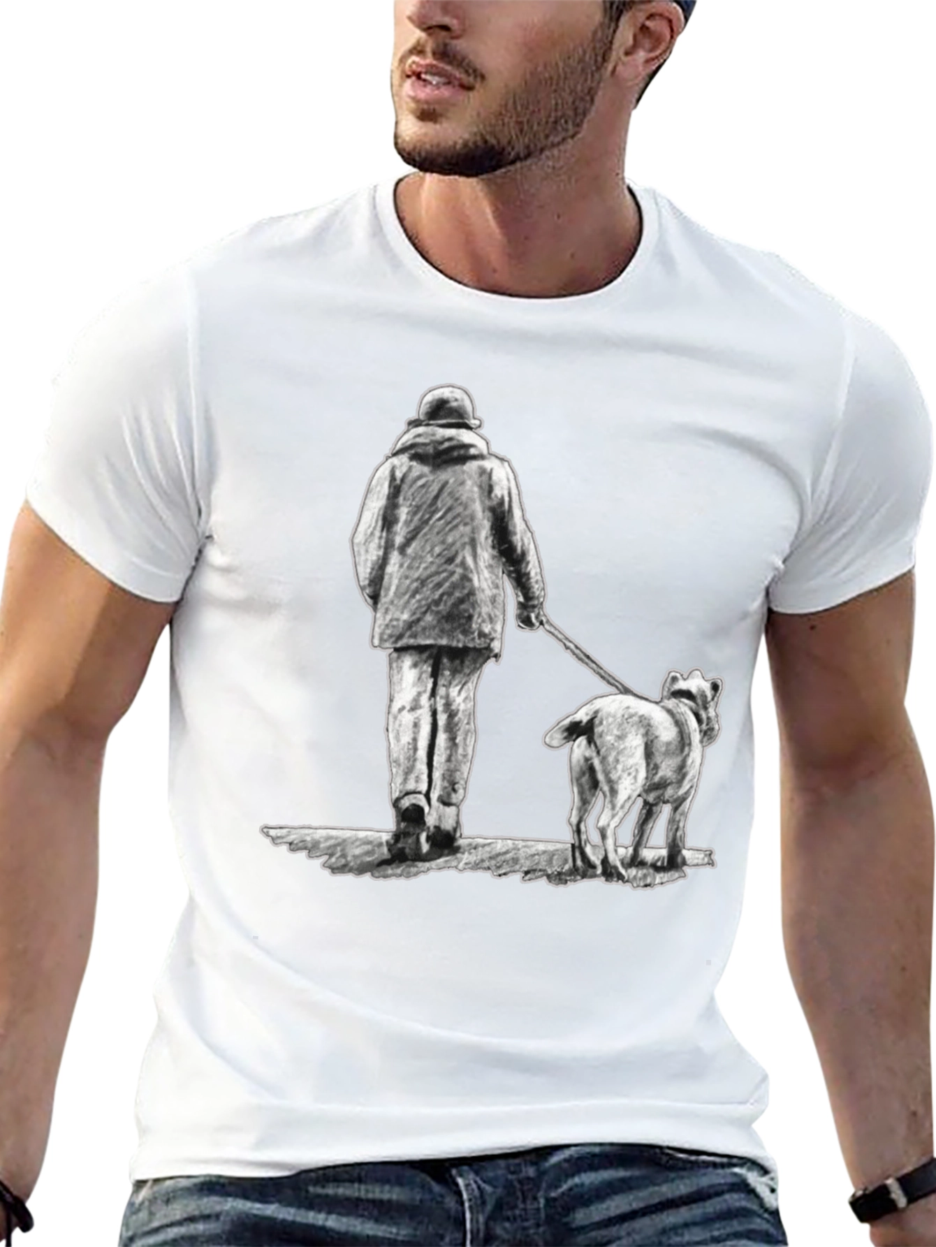 Man and Dog Print Black T-Shirt