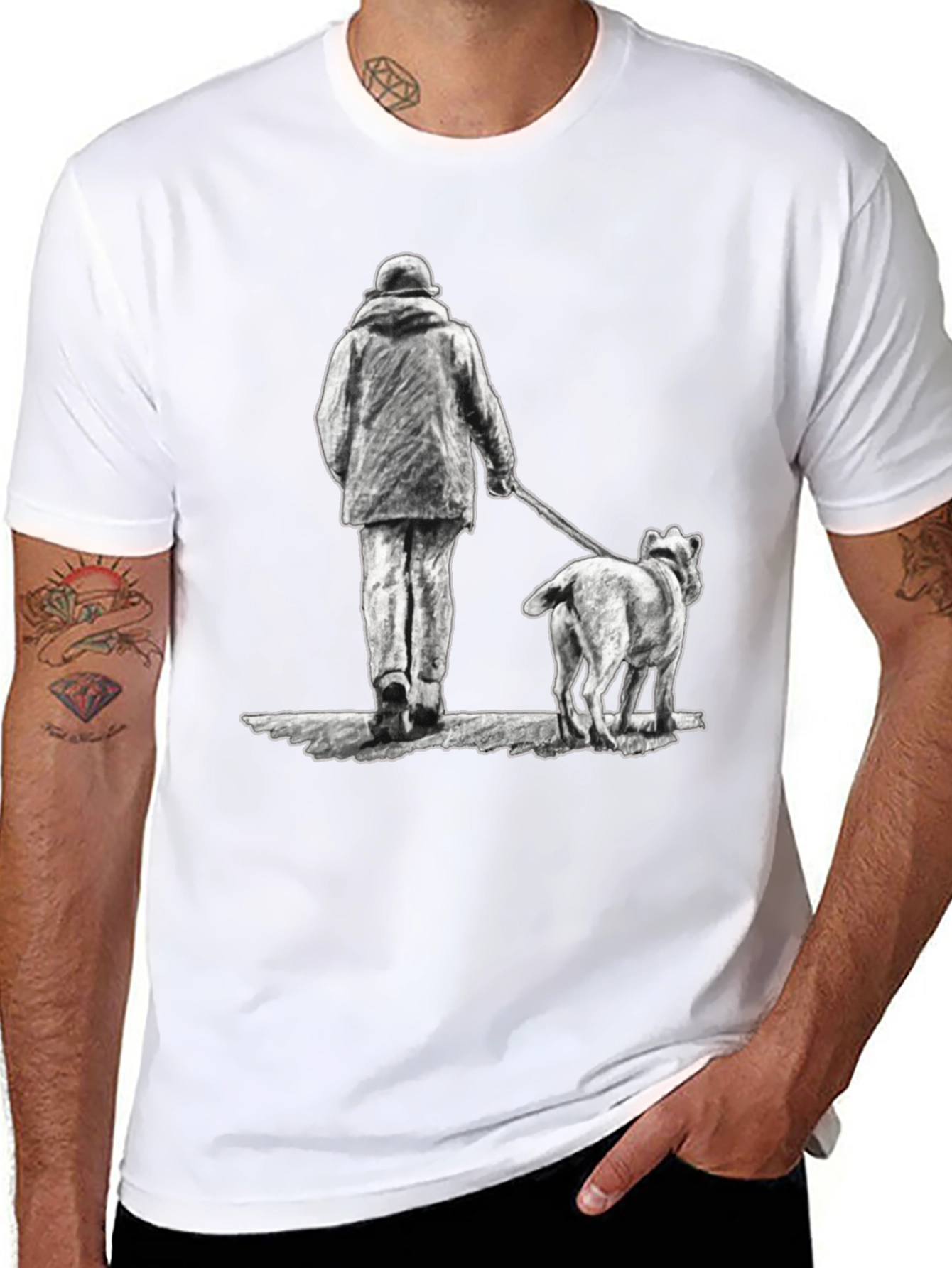 Man and Dog Print Black T-Shirt