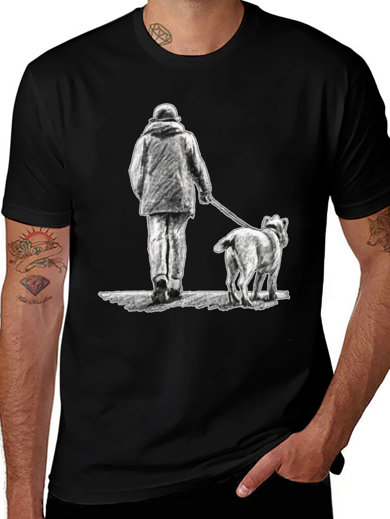 Man and Dog Print Black T-Shirt
