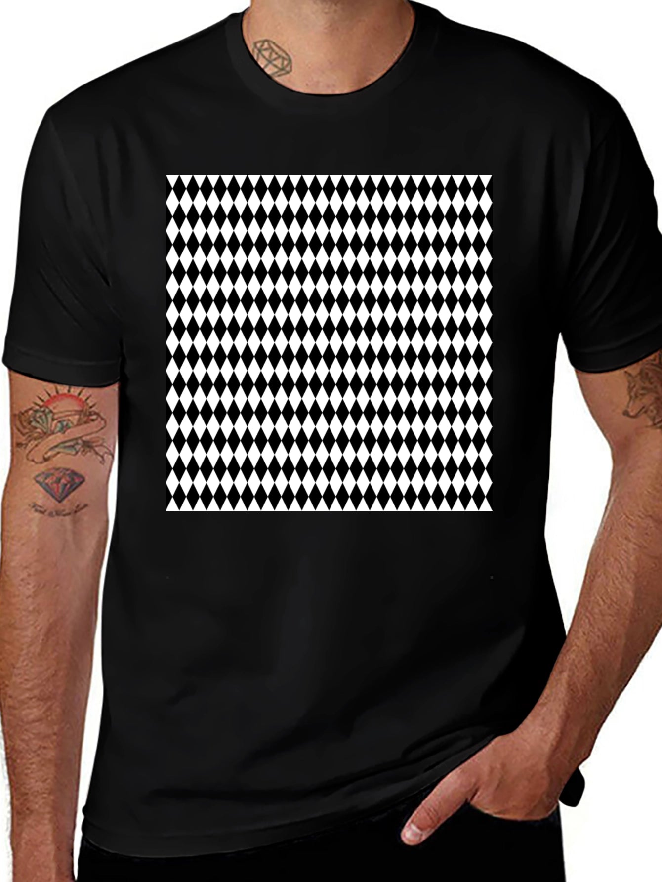 Modern Harlequin Pattern Black Crew Neck T-Shirt