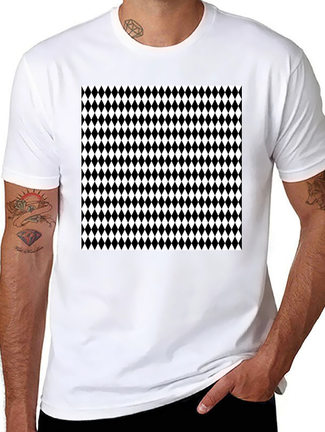 Modern Harlequin Pattern Black Crew Neck T-Shirt