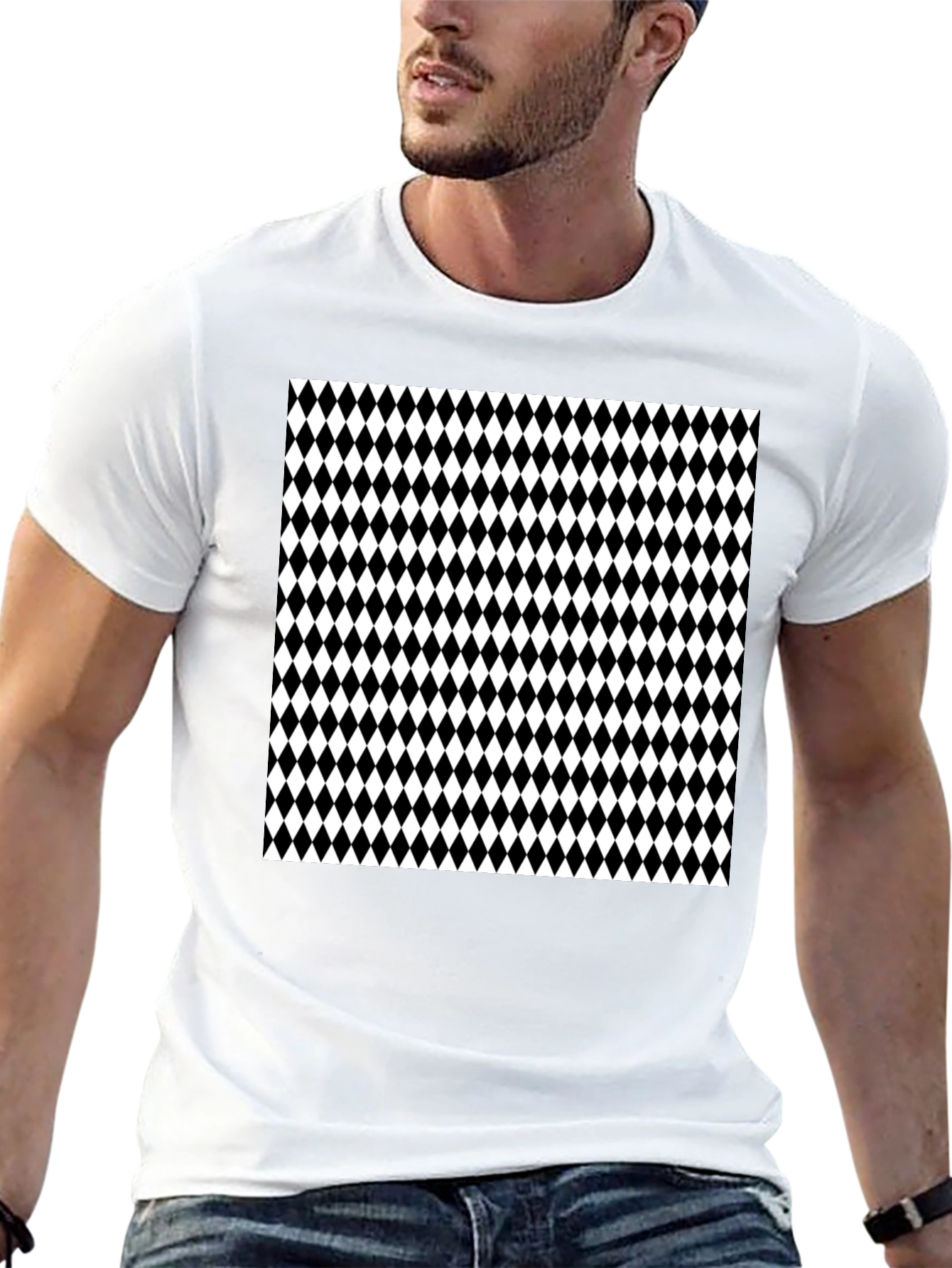 Modern Harlequin Pattern Black Crew Neck T-Shirt