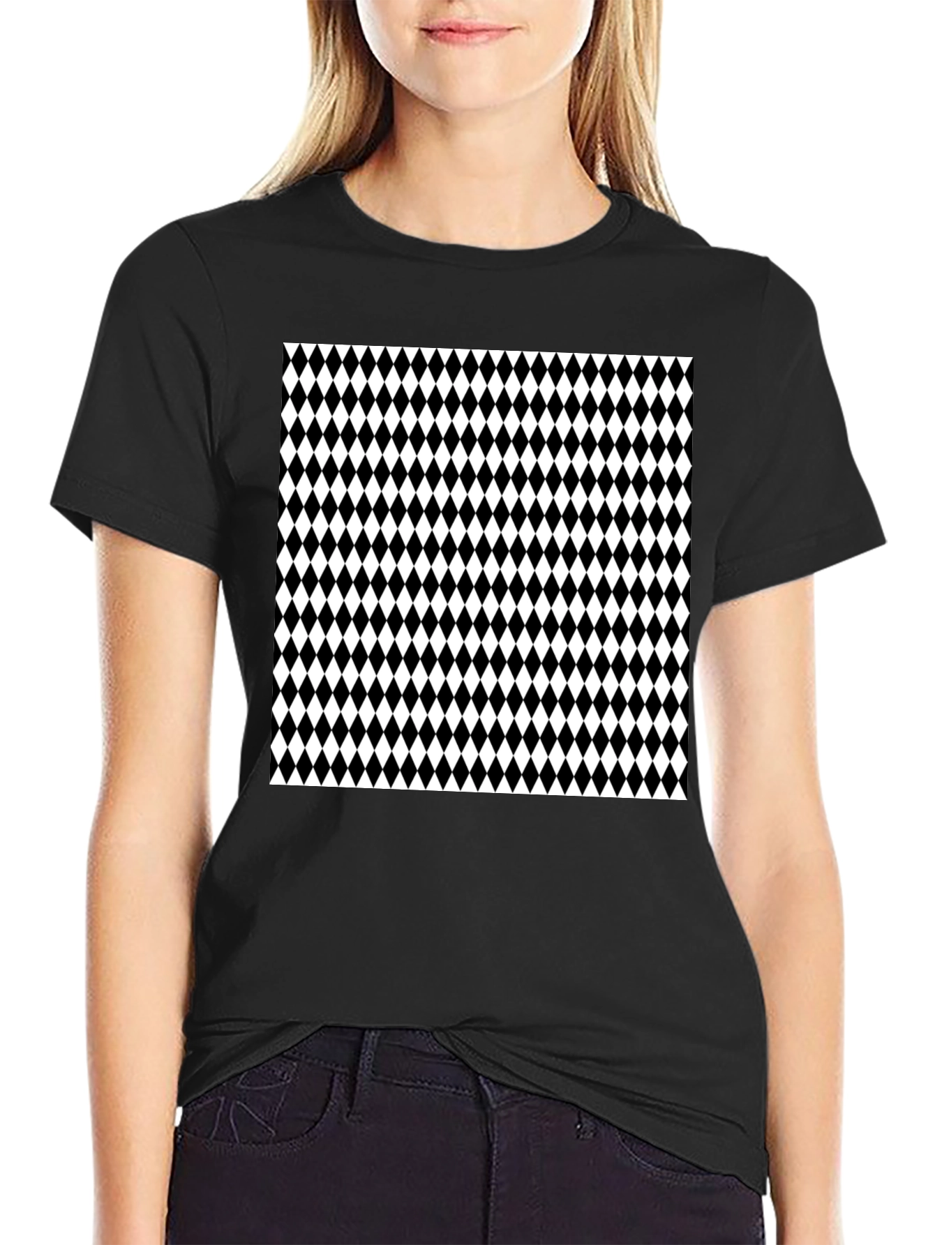 Modern Harlequin Pattern Black Crew Neck T-Shirt