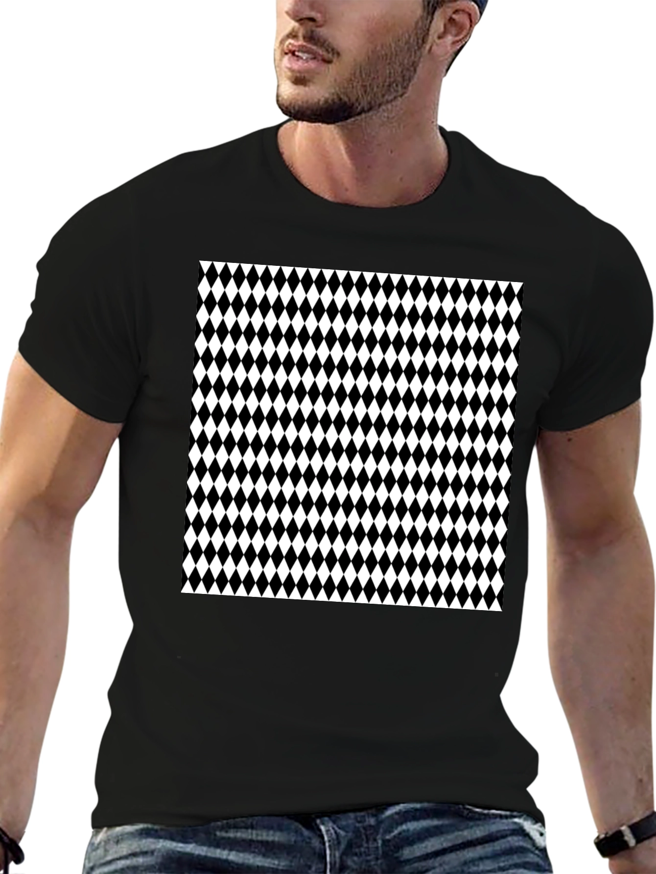 Modern Harlequin Pattern Black Crew Neck T-Shirt