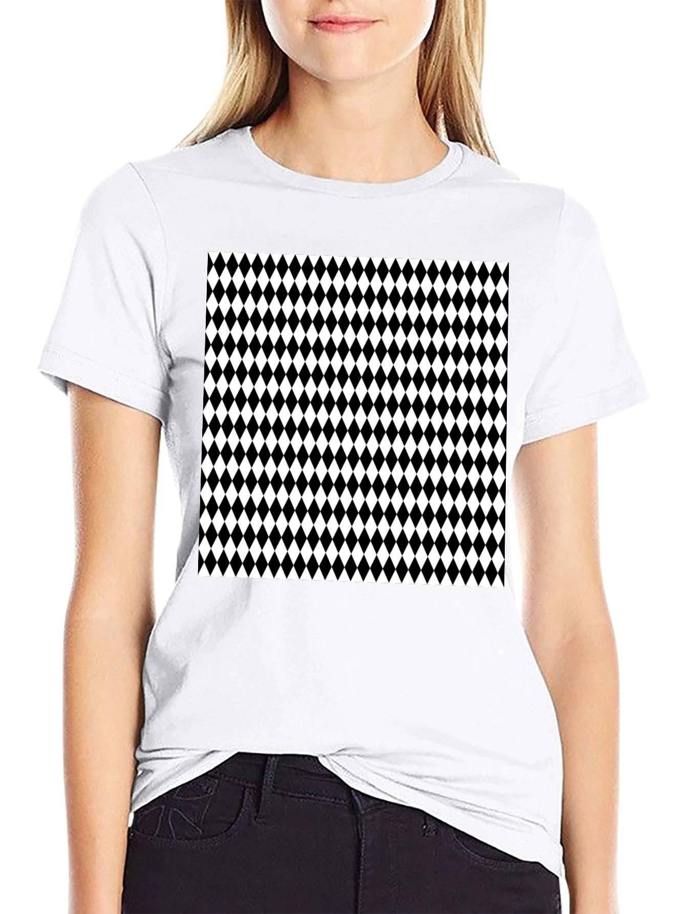 Modern Harlequin Pattern Black Crew Neck T-Shirt