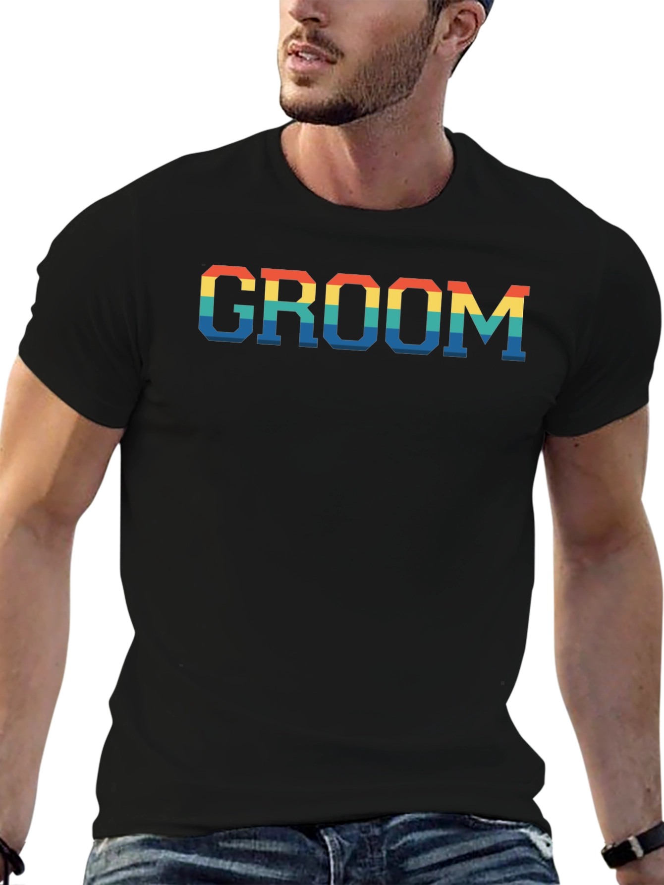 Groom Rainbow Text Print Black T-Shirt